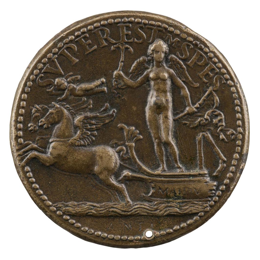 Bronze medal of a nude, winged woman, riding a chariot pulled by two winged horses, with a putto flying above the horses; pearled border