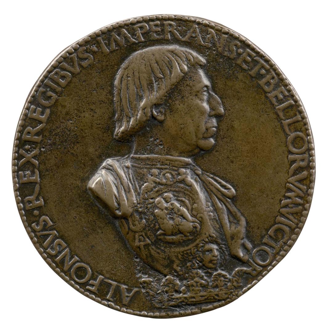 Bronze portrait medal of Alfonso of Aragon, in armor and a cape tied with a large bow, in profile to the right