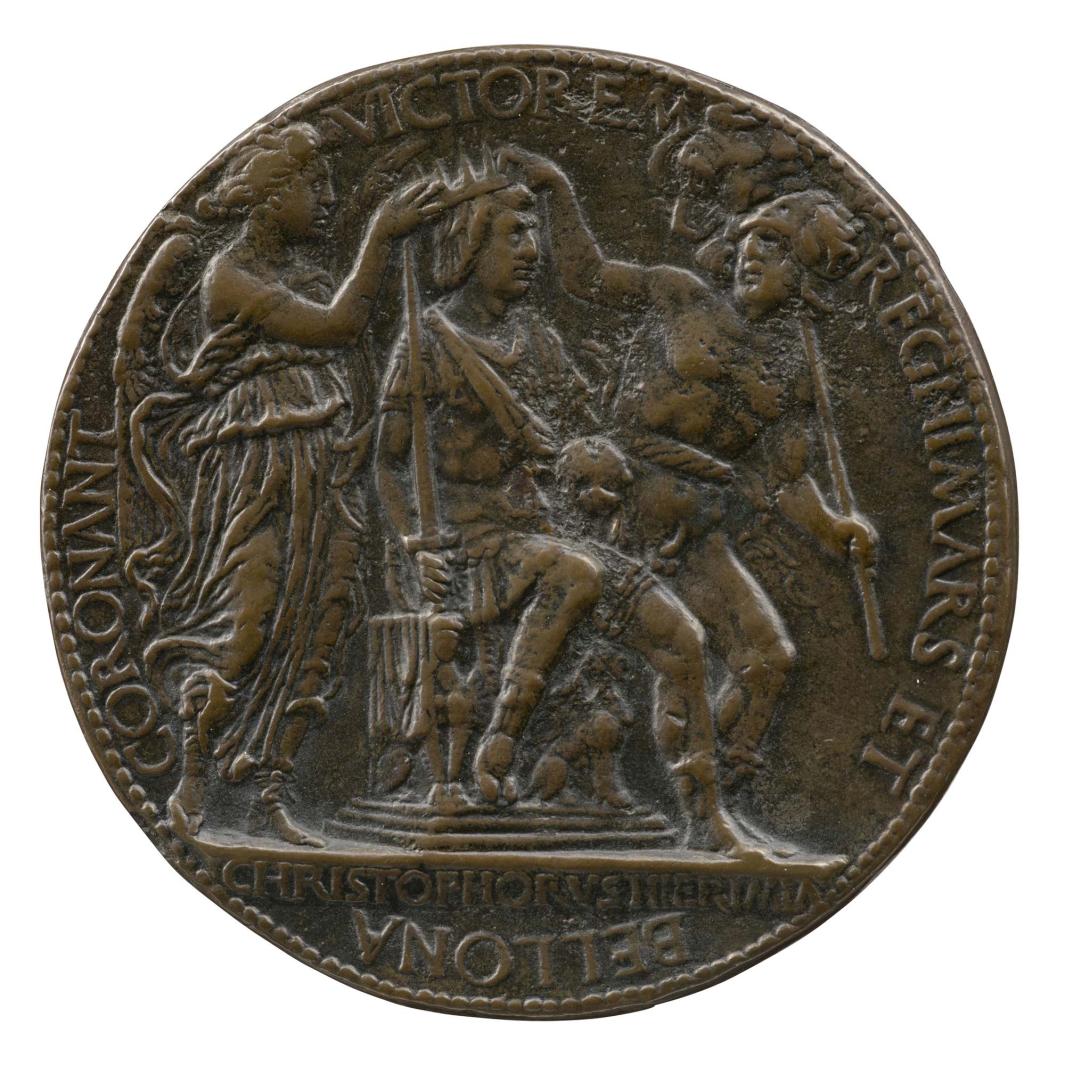 Bronze medal of a winged woman and a nude man, crowning Alfonso of Aragon, seated on a throne, wearing armor, with a sword in his right hand; pearled border