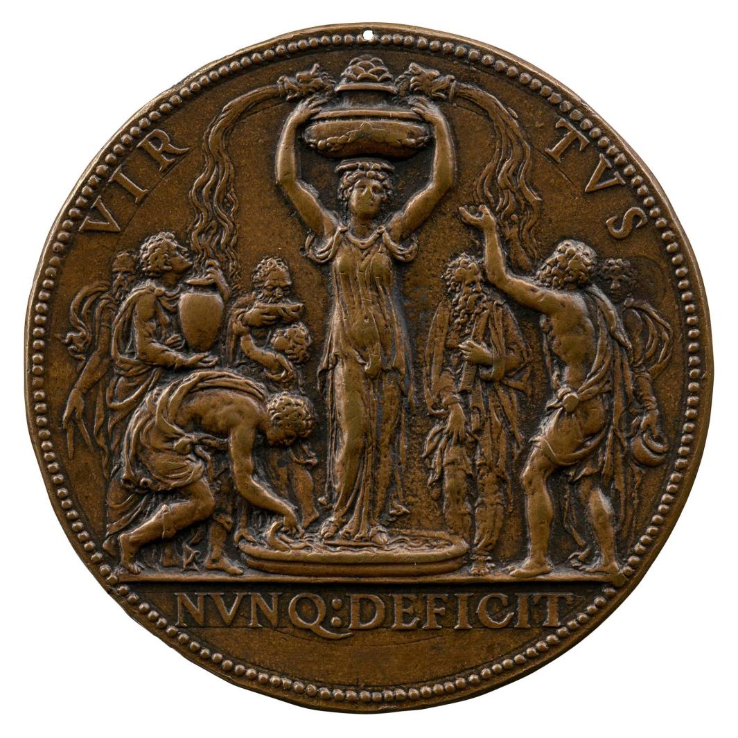 Bronze medal depicting a female figure in antique drapery holding a basin over her head from which water pours forth. Surrounding the woman is a group of seven men of different ages, all dressed in classical garments.