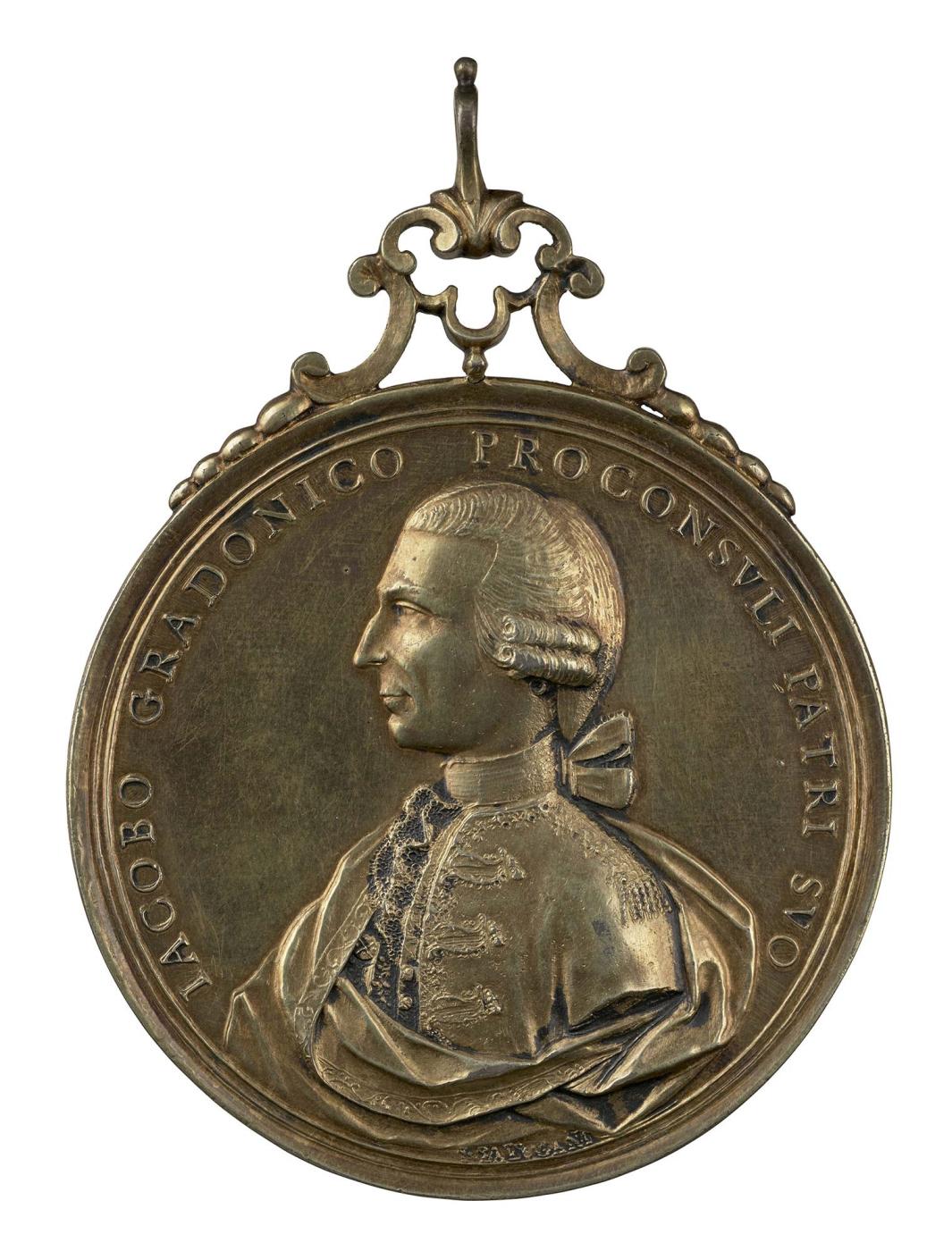 Silver gilt portrait medal of Giacomo Gradenigo wearing a tie wig, with drapery around his shoulders in profile to the left