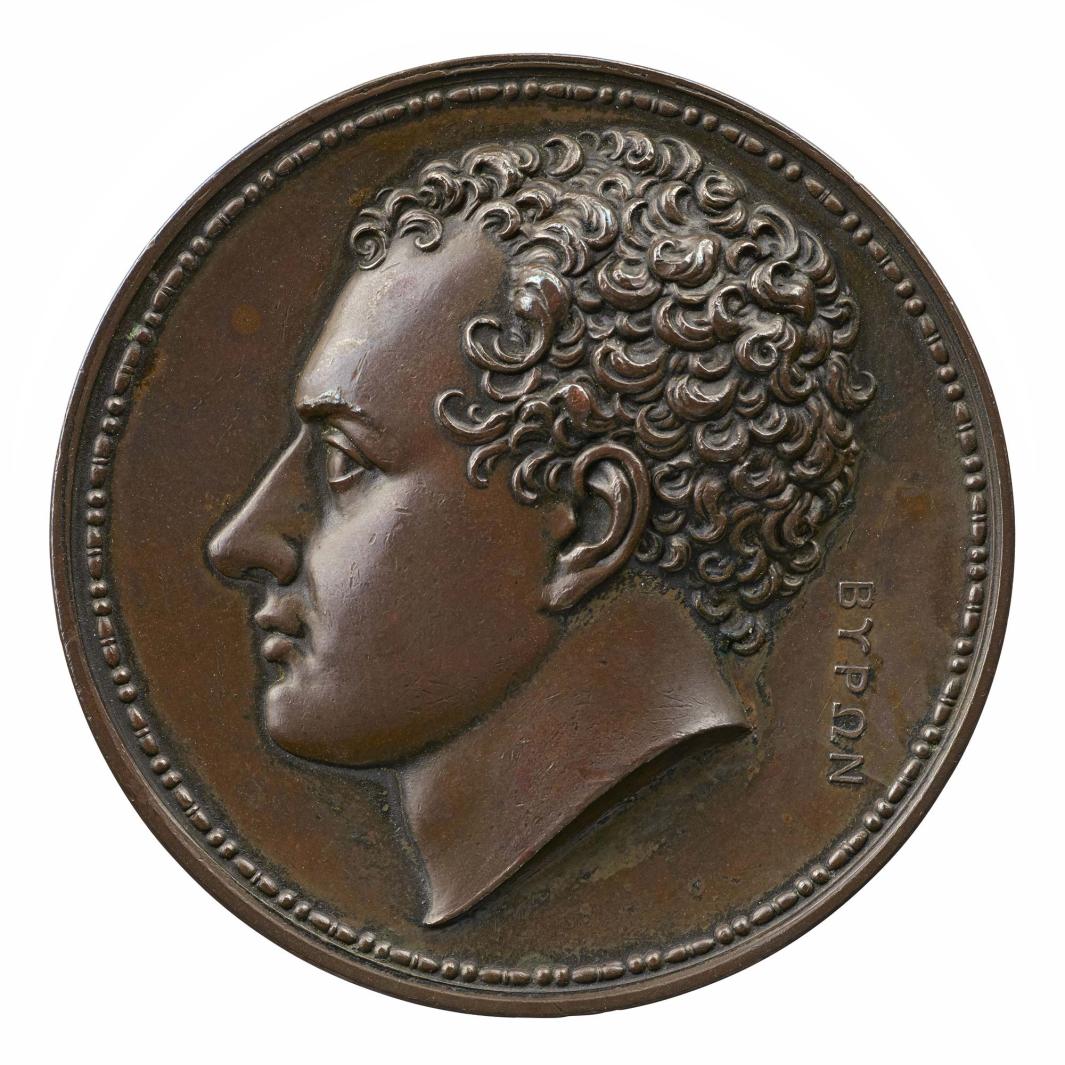 Bronze portrait medal of George Gordon, Lord Byron hair worn short and curled, within a thin, beadwork-like border 