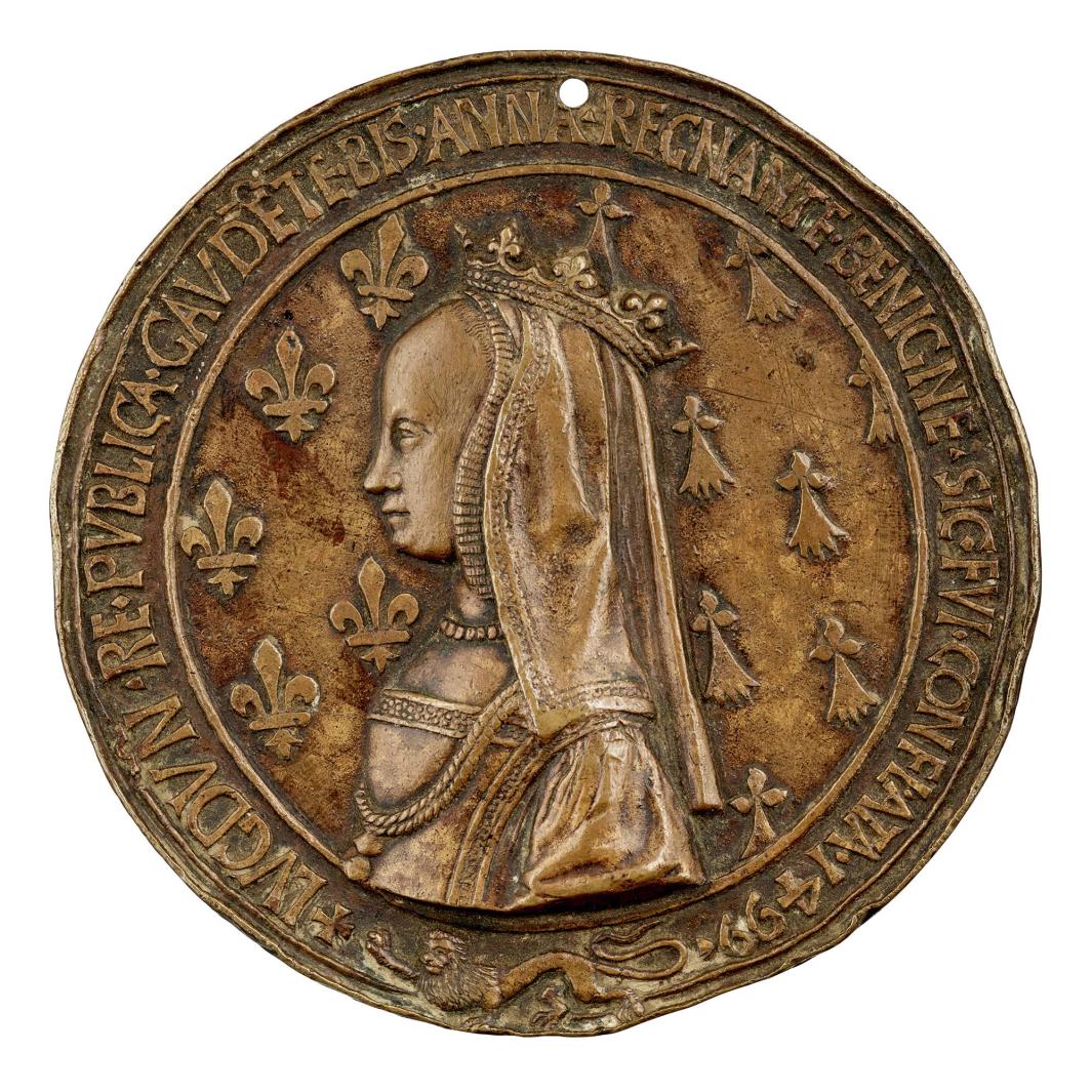 Bronze portrait medal of Anne of Brittany, Queen of France, wearing a crown and veil