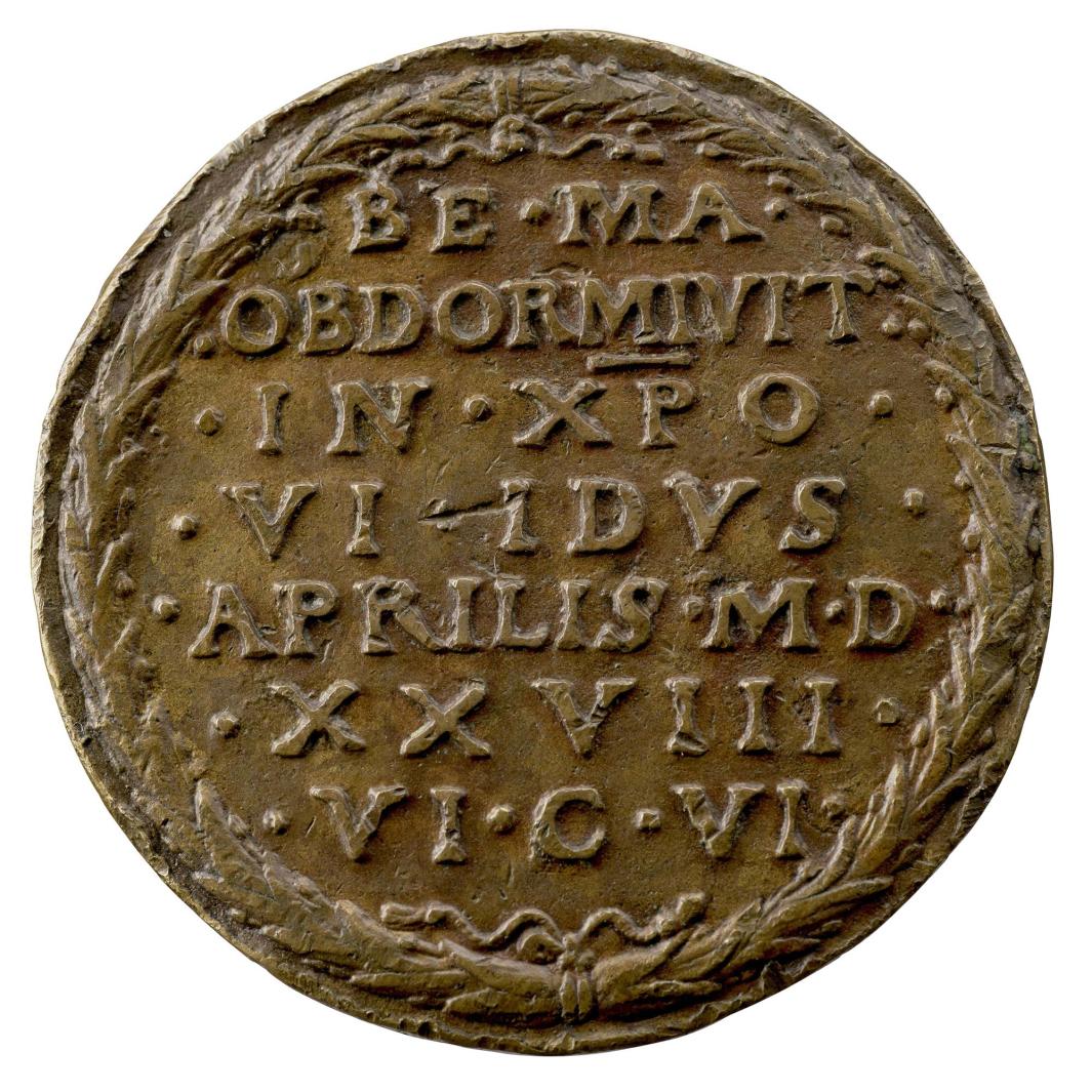 Copper medal with laurel wreath surrounding an inscription