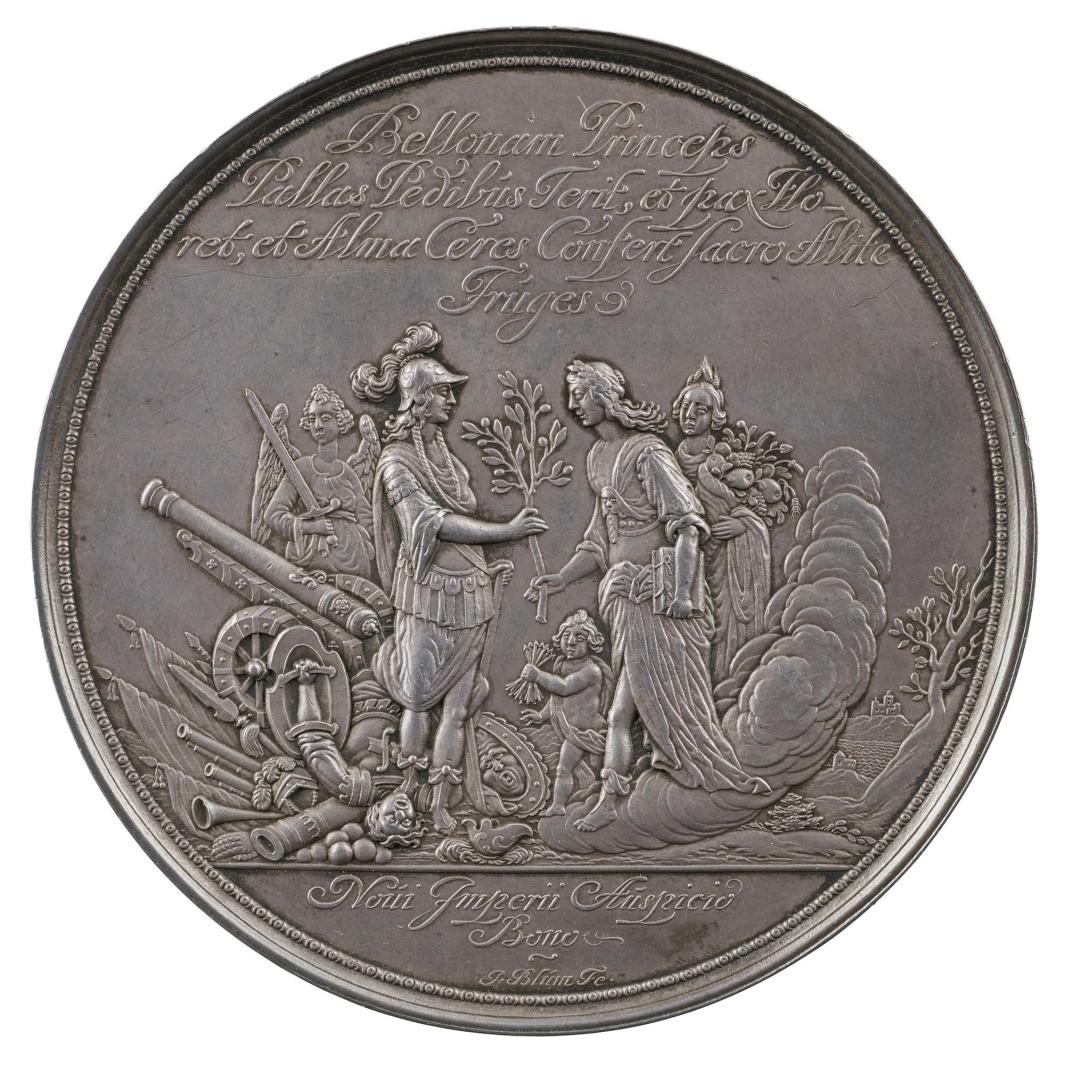 Silver medal depicting the goddess of war receiving an olive branch from the figure of Peace 
