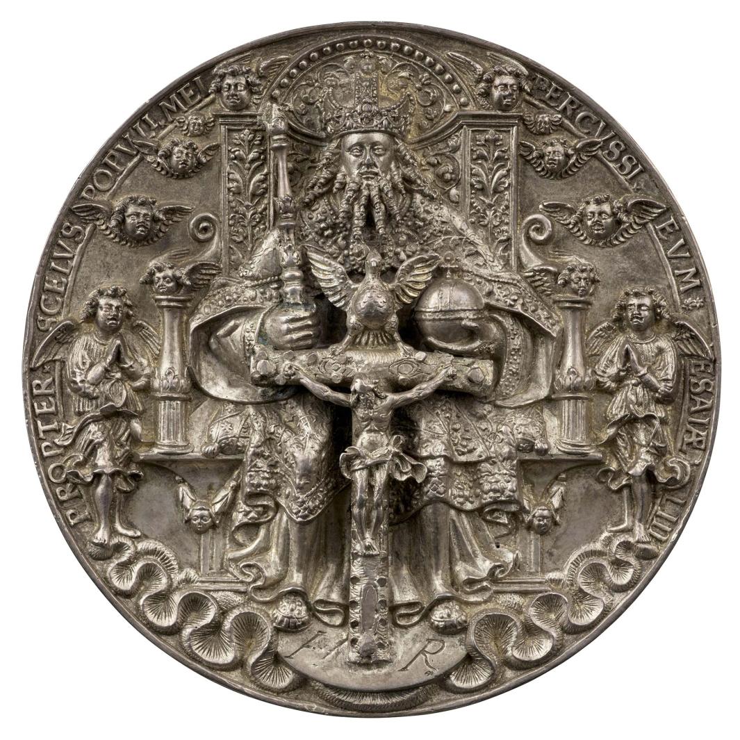 Silver medal of God the Father enthroned, crowned and wearing an embroidered cope