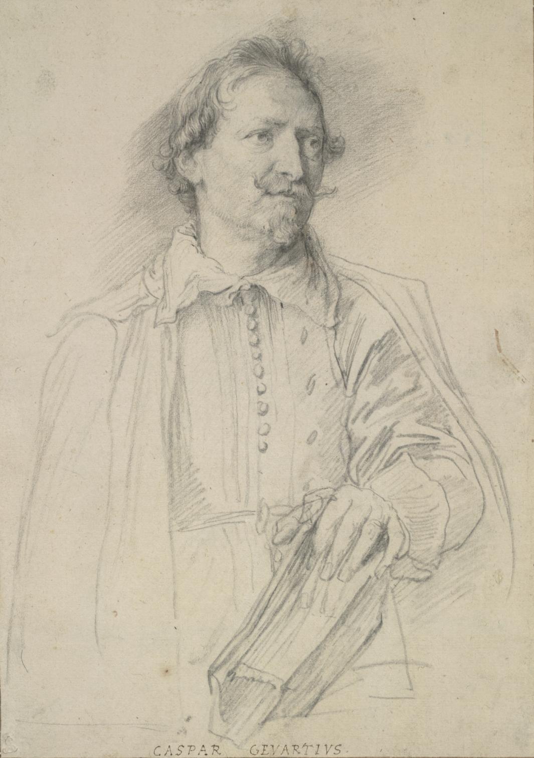 black chalk drawing of man looking left, wearing buttoned shirt, with hand on book