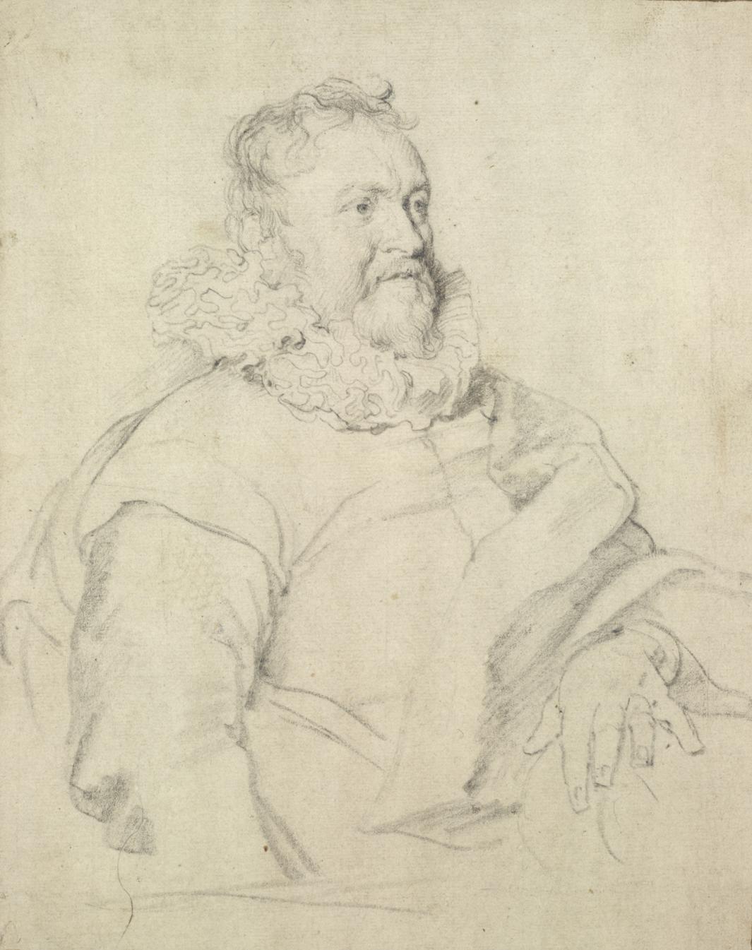 black chalk portrait drawing of man with lace collar, with hand on lap, circa 1628