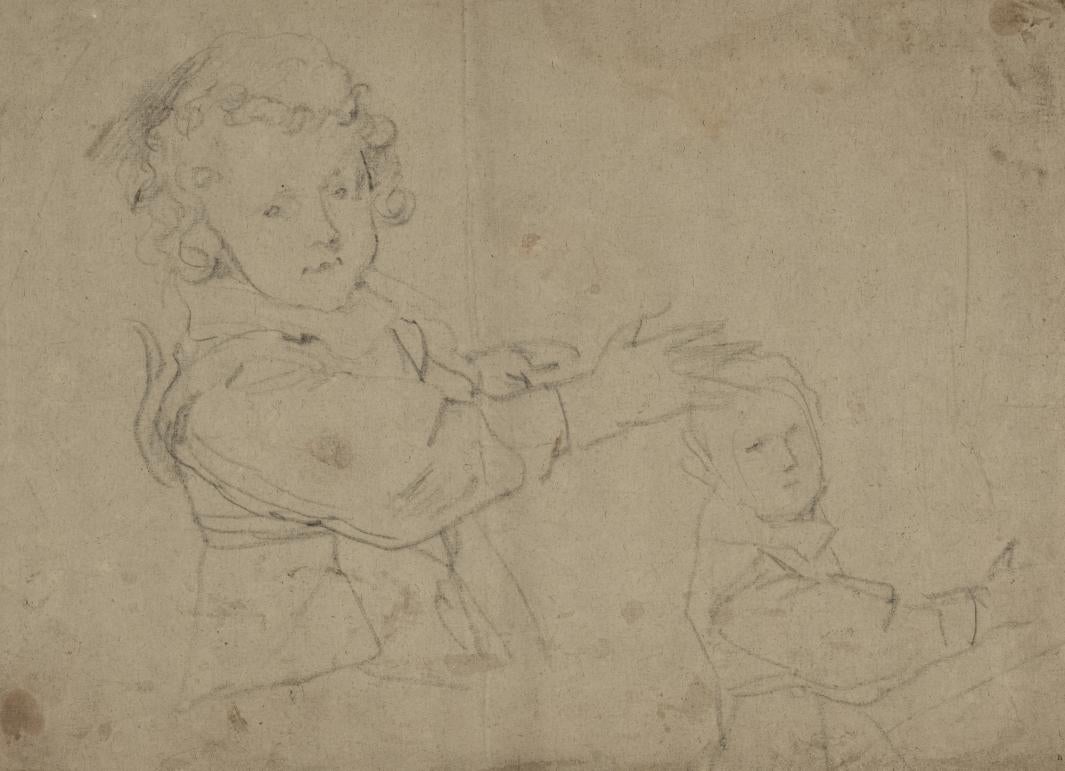 two black chalk sketches of young boy with arm outstretched 
