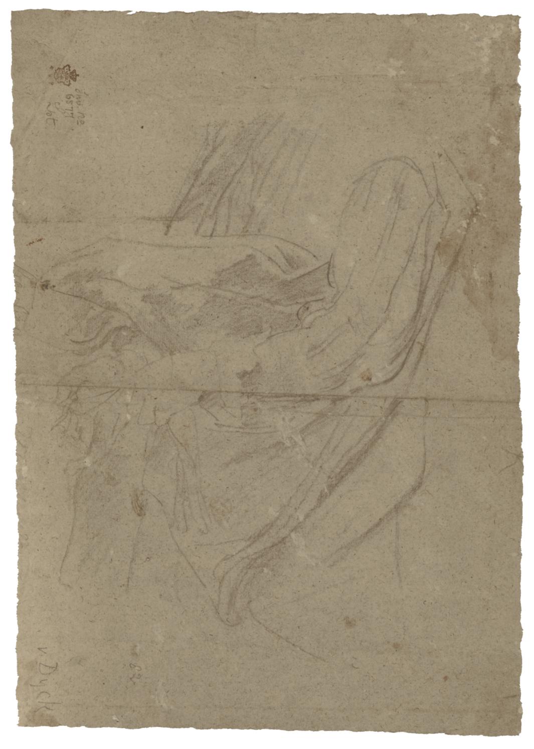 black chalk sketch, on its side, of male's clothed upper body and hands