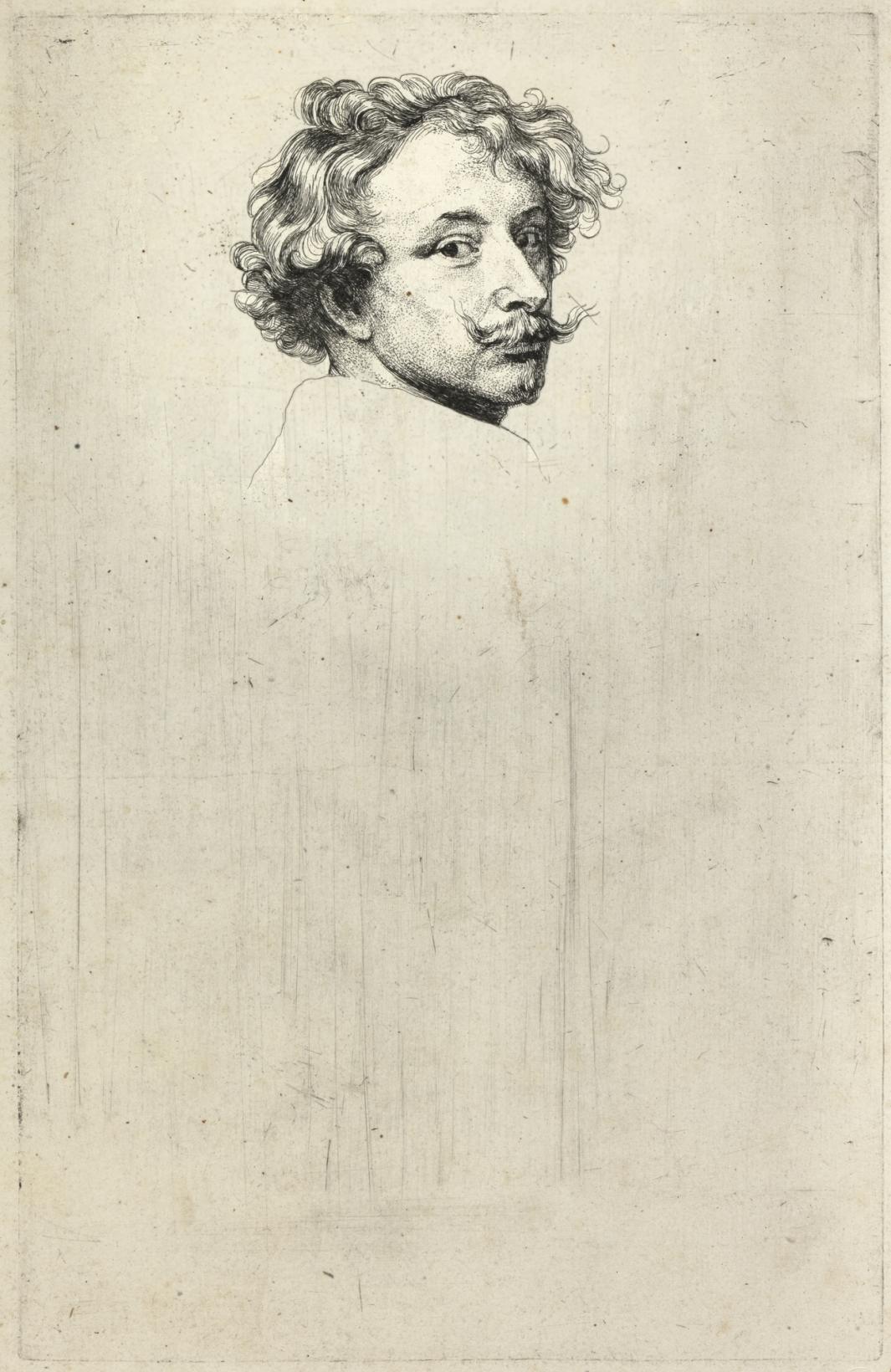 self portrait etching of Anthony Van Dyck, depicting man's face with curly hair and mustache at top of page