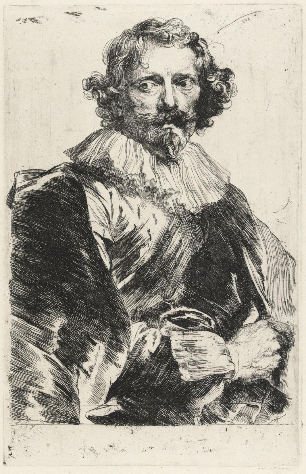 etching of portrait of man with ruffle collar, curly hair and mustache and beard