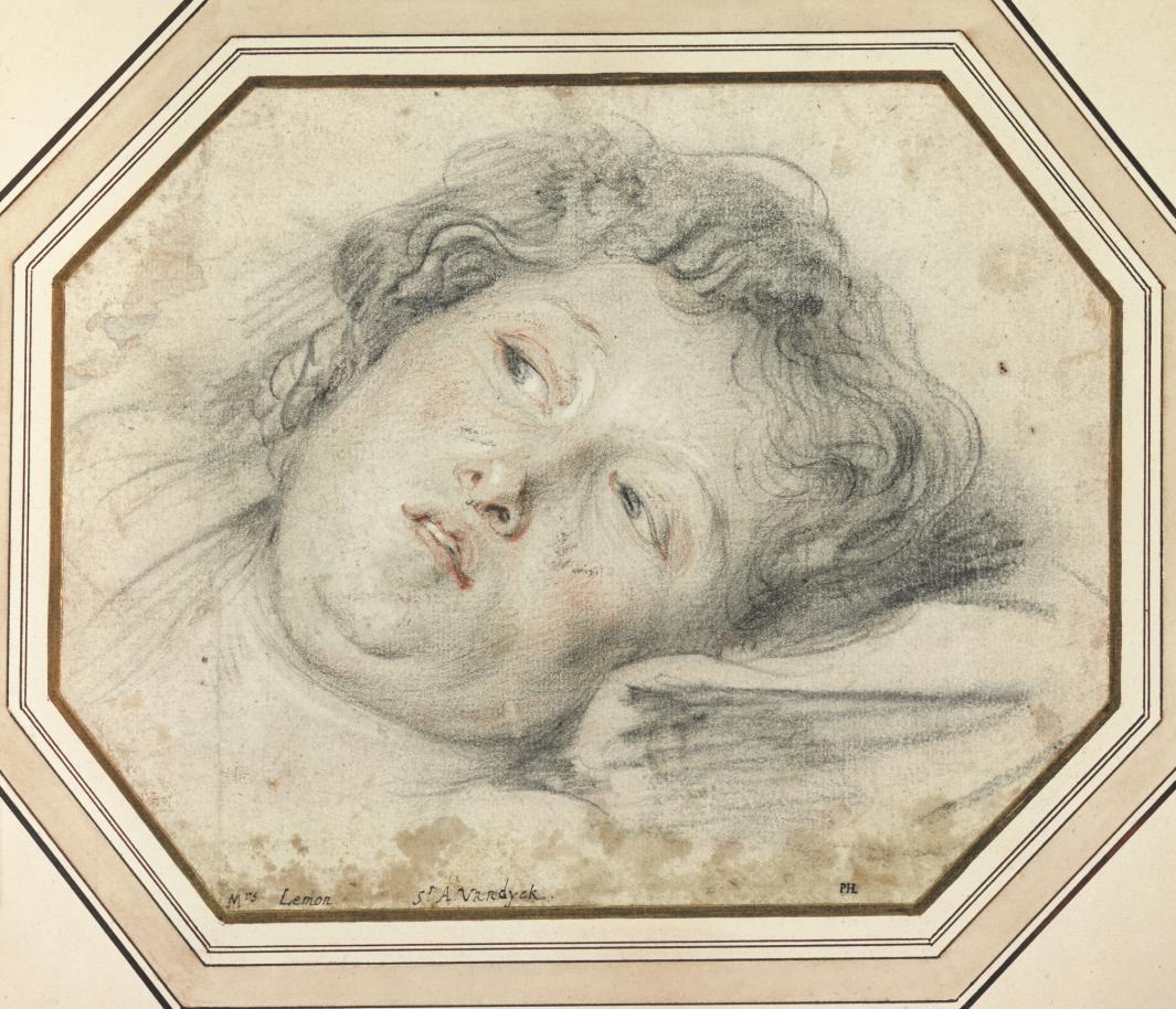 red, black, white drawing of woman's face, while reclining