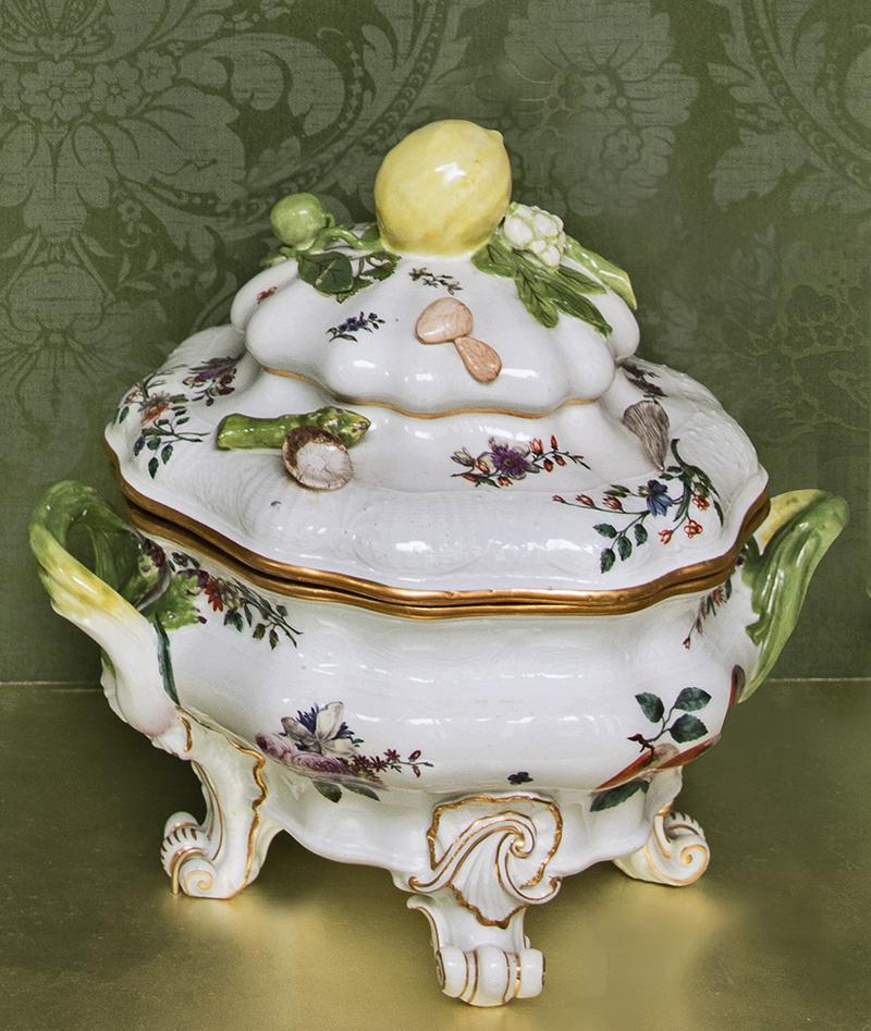 white porcelain tureen, deep covered dish, decorated with flowers and lemon