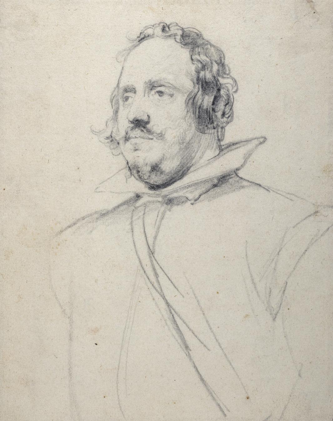 black chalk drawing of man looking left with beard, wearing large stiff collar
