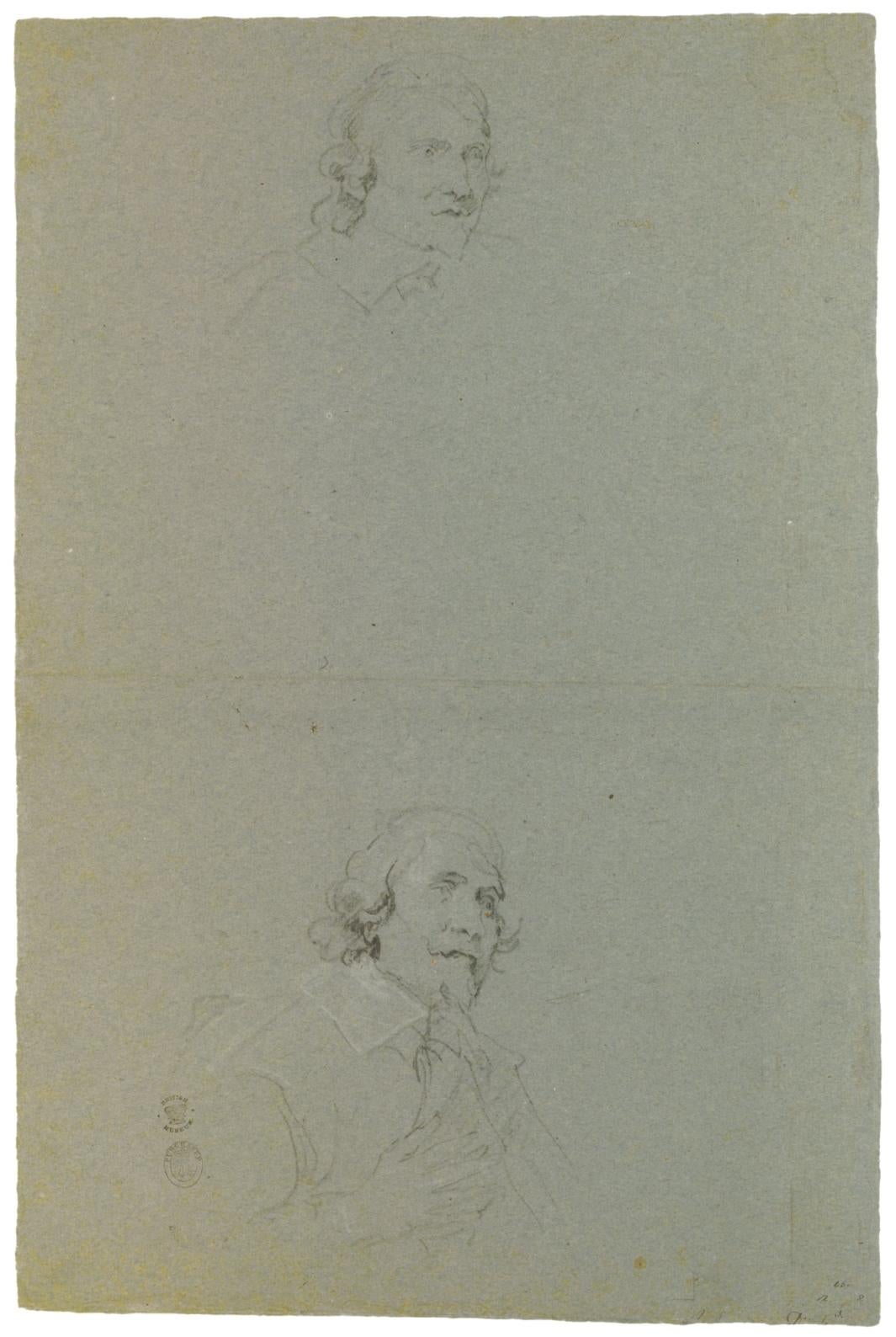 two black and white chalk sketches of man with folded collar