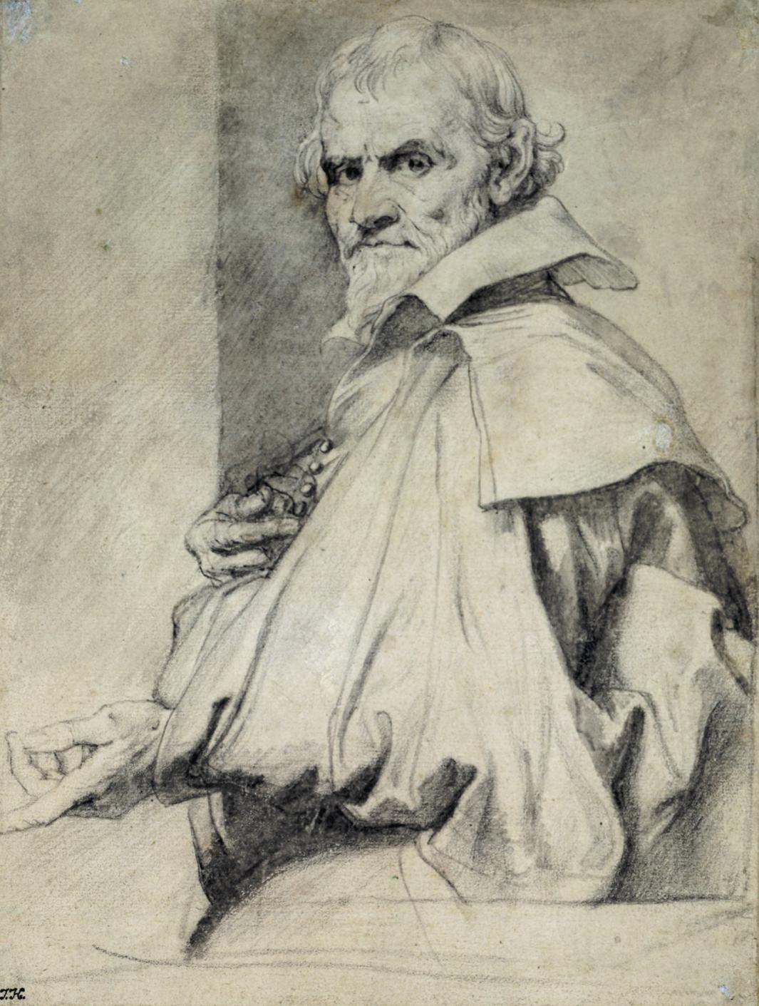 black chalk drawing of old man with pointed beard, wearing cloak and large folded collar