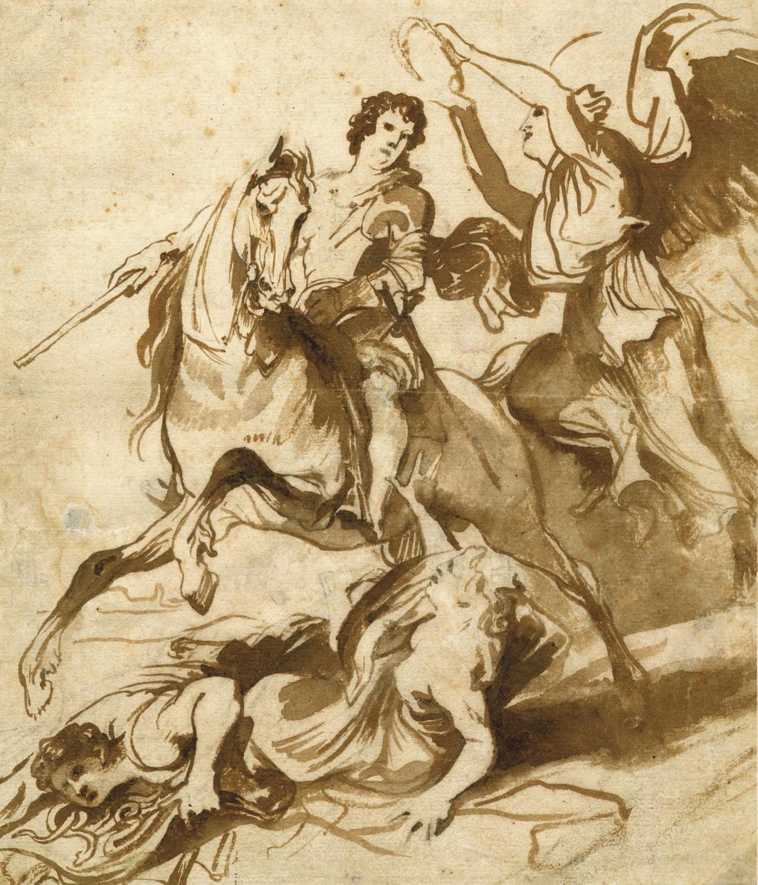 man on horseback, over woman and person on ground, being crowned by angel