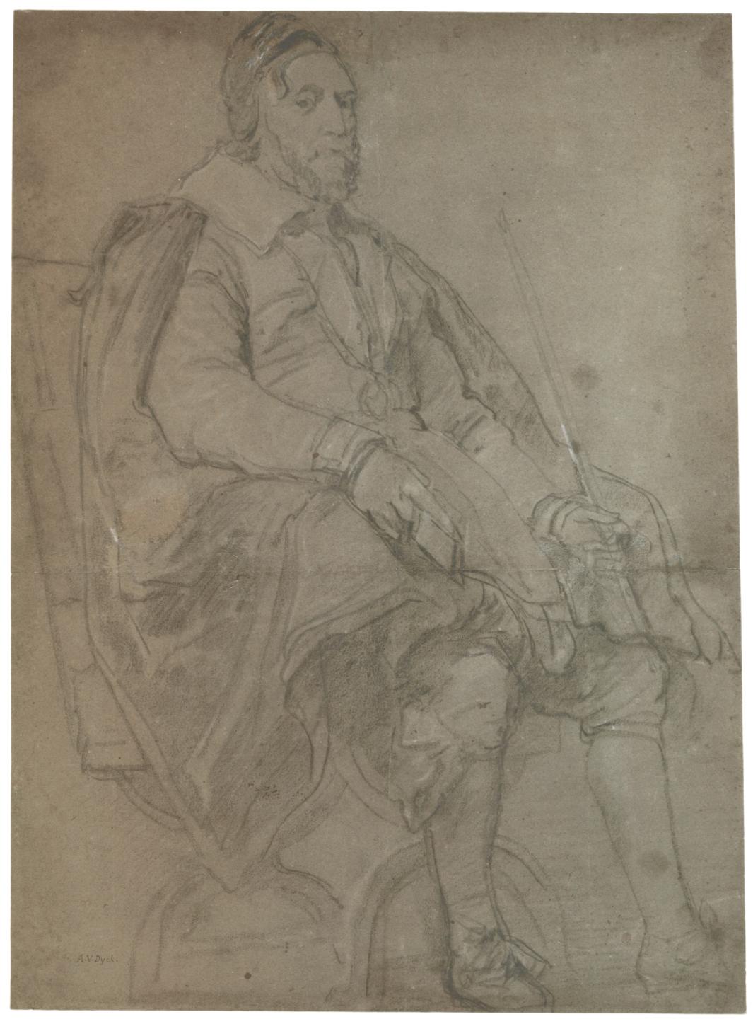 black and white chalk sketch of man seated with drapery-like clothing and holding stick and paper 