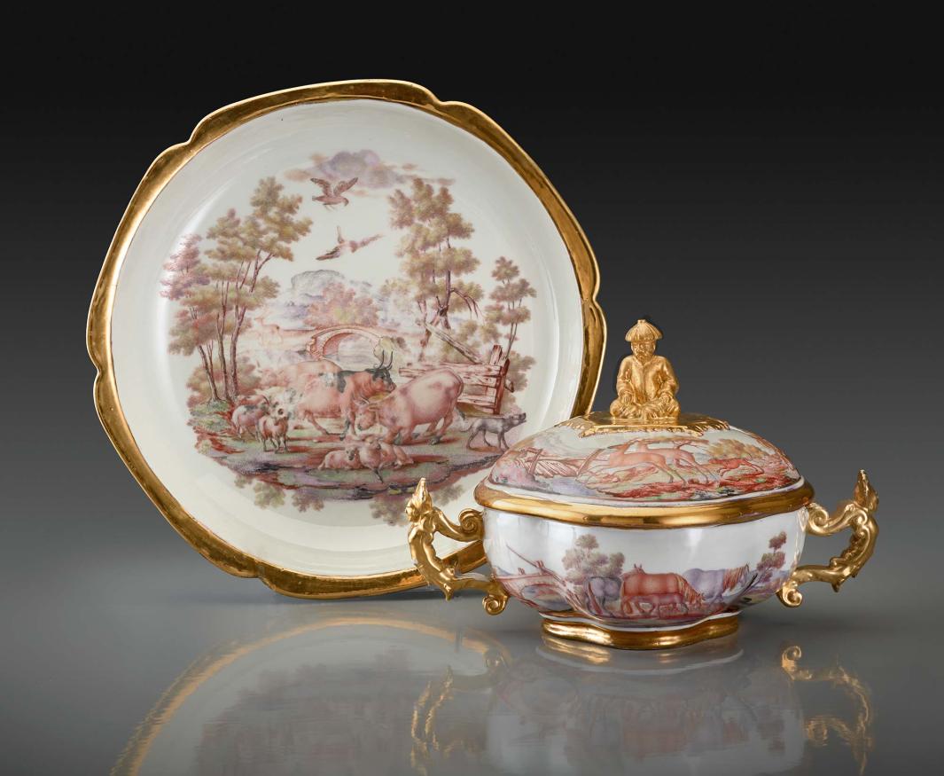porcelain covered dish and dish decorated with scenes of animals