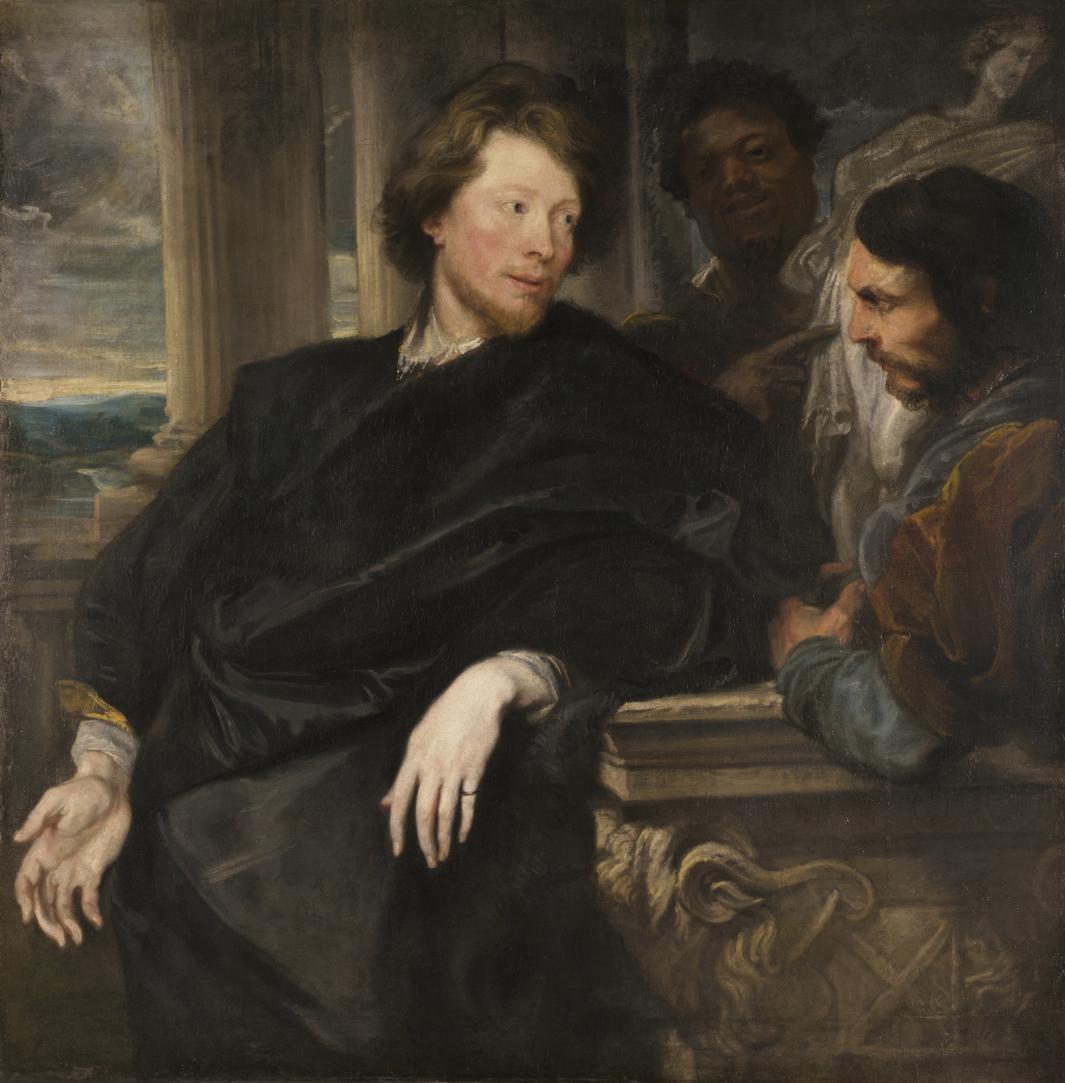 painting of young man wearing black leaning on table, with two men holding statue