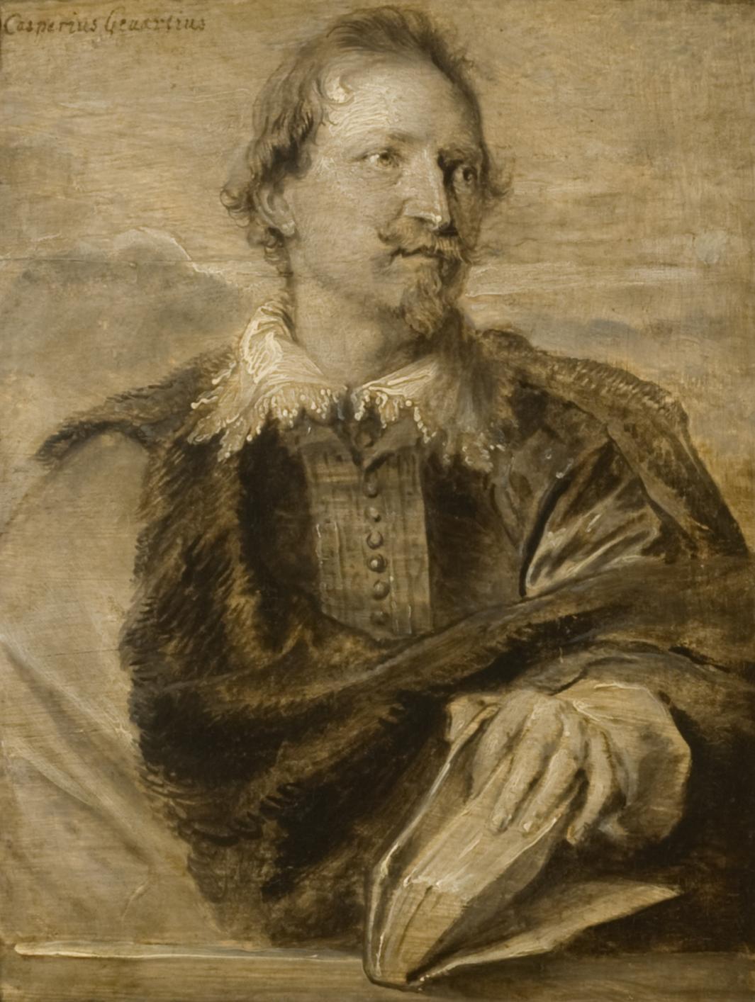 oil painting in brown tones of man wearing buttoned shirt, fur and lace collar and hand in book