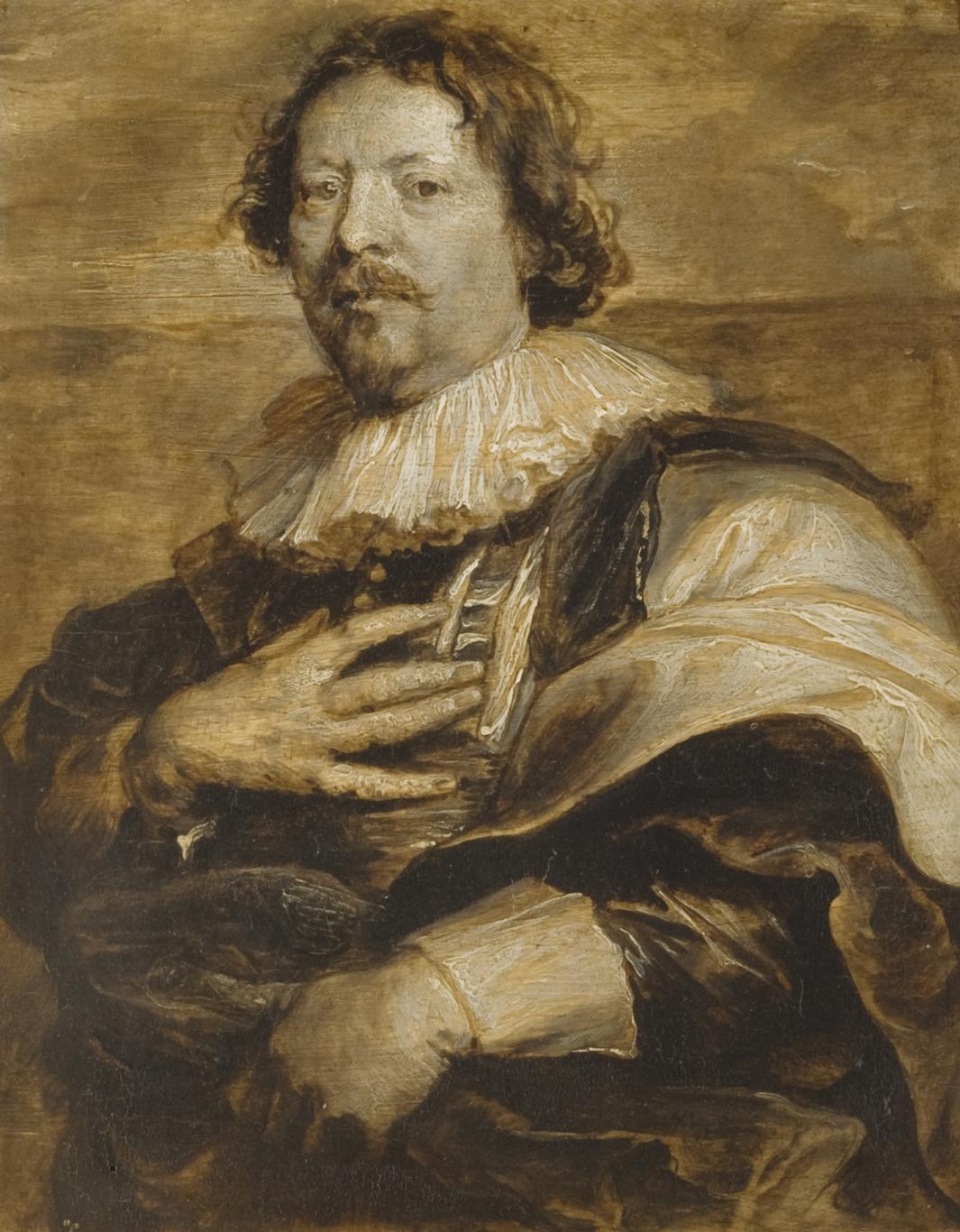 oil painting in brown tones of man wearing cloak and lace collar and bundle in hand