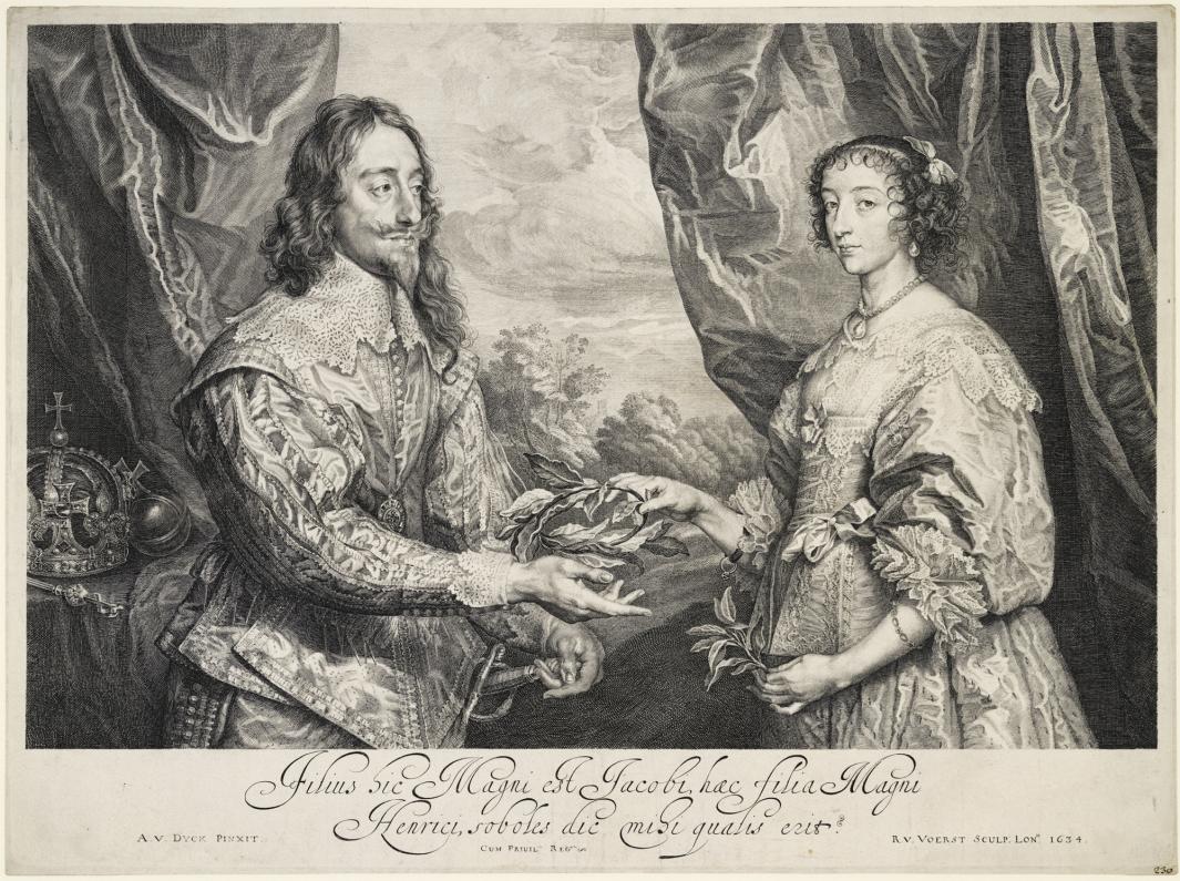 engraving of man and women dressed in lavish clothing, she hands him laurel wreath, with crowns to the side