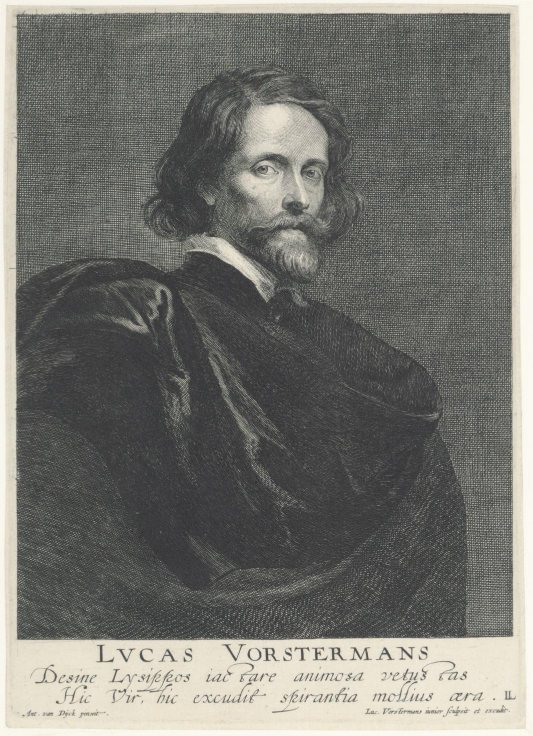 engraving of man in black cloak with mustache and beard, and caption