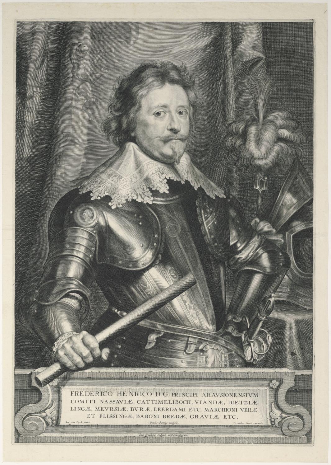 engraving of portrait of man standing in armor, with lace collar, holding baton and text below