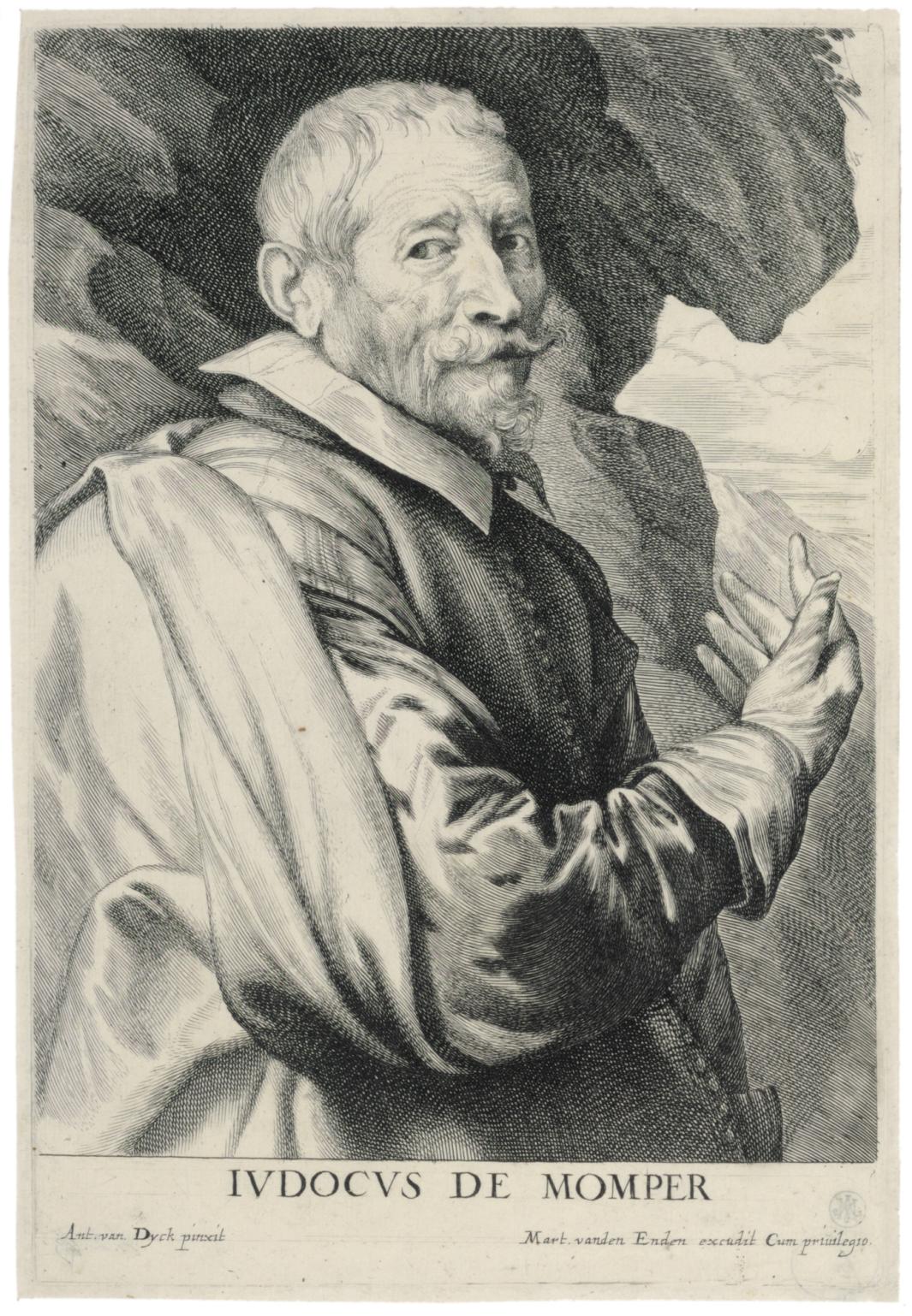 engraving of portrait of old man with draped clothing and gloved hand, with caption
