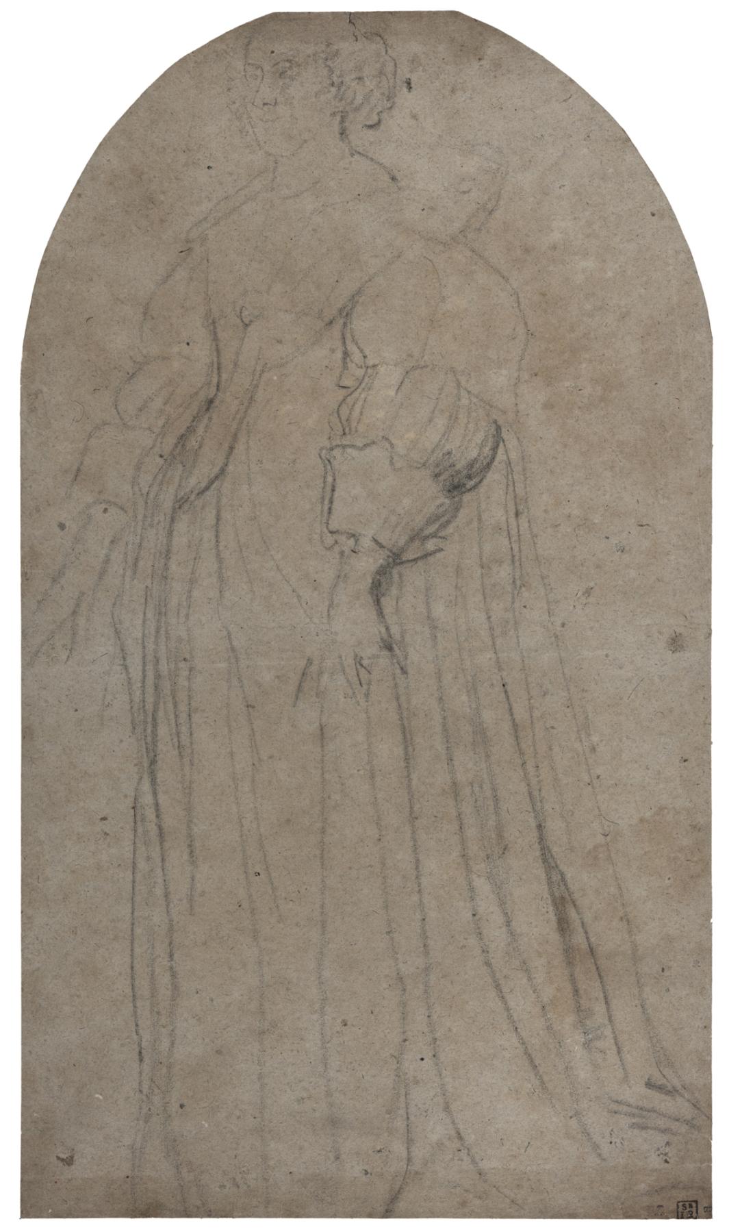 black and white chalk drawing of woman in dress on paper with top corners cut