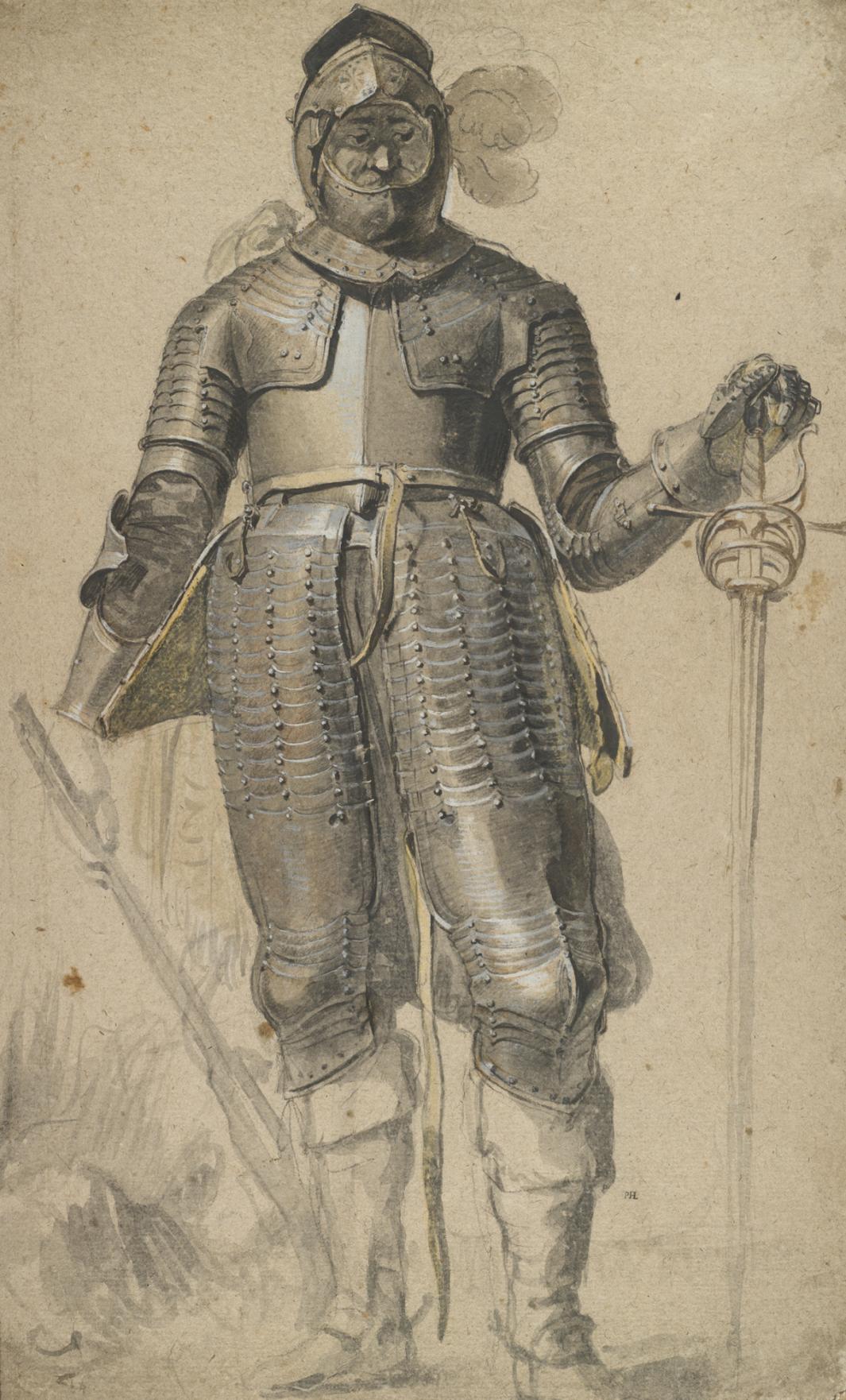 black ink and chalk drawing of man standing in full armor, with sword