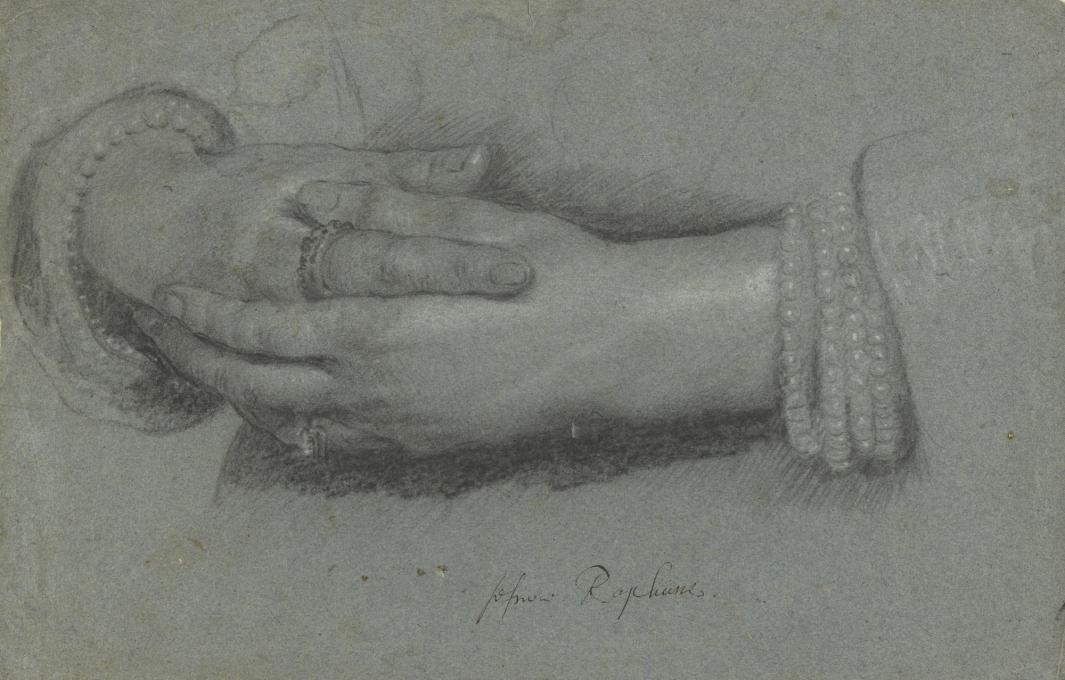black and white chalk drawing of female hands entwined with rings and pearl bracelet