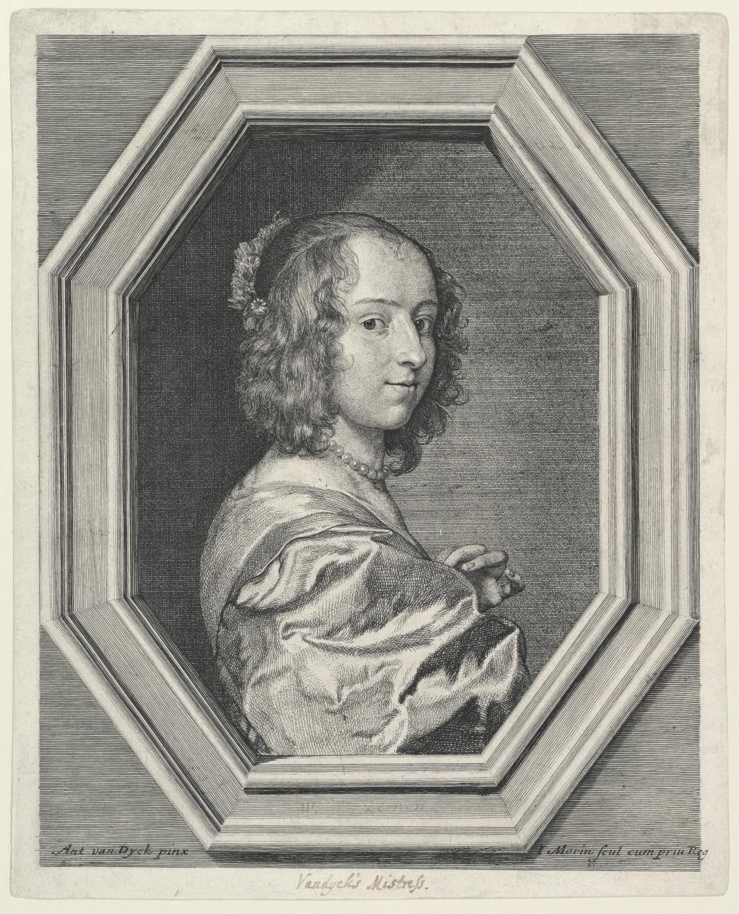 portrait etching of young woman in profile wearing pearls, and dress, in octagon frame, circa 1646