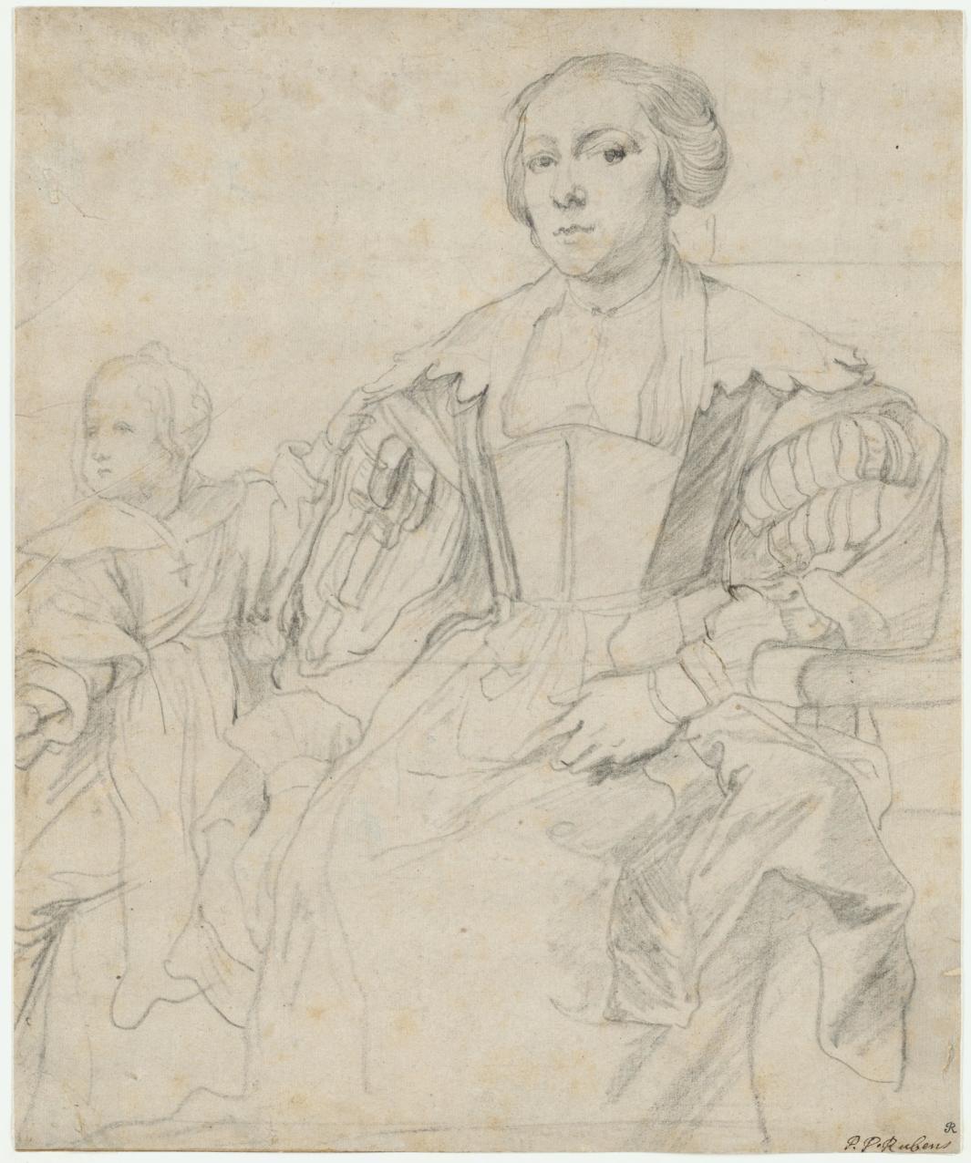 black chalk and ink drawing of woman seated in dress, next to seated child 