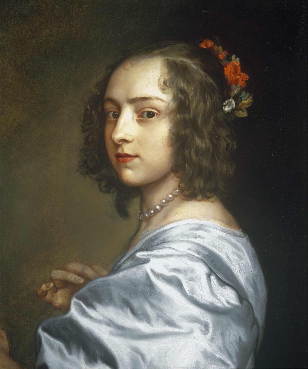 oil painting of three-quarter portrait of young woman wearing silver dress, pearls, red flowers in hair