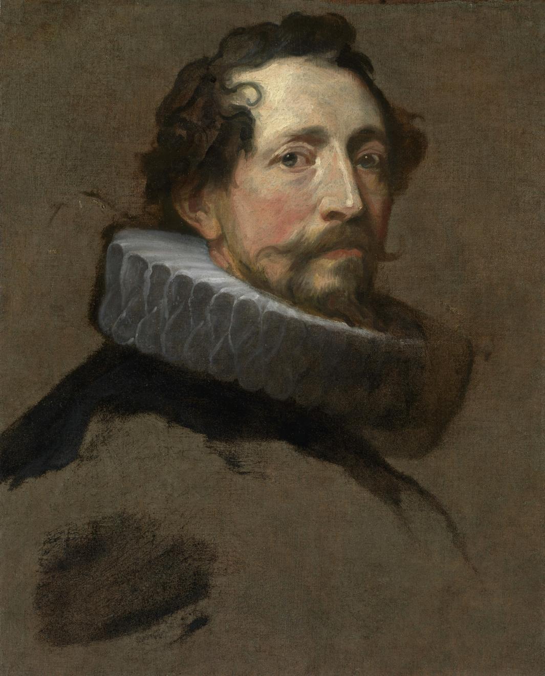painting of man looking right, with beard and mustache, wearing white stiff collar