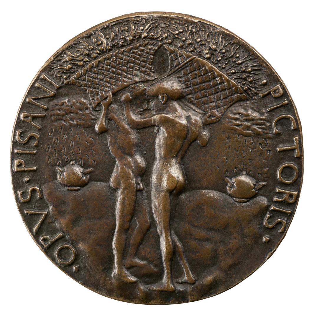Bronze medal of two nude men holding large baskets filled with plants on their heads with rainclouds on either side