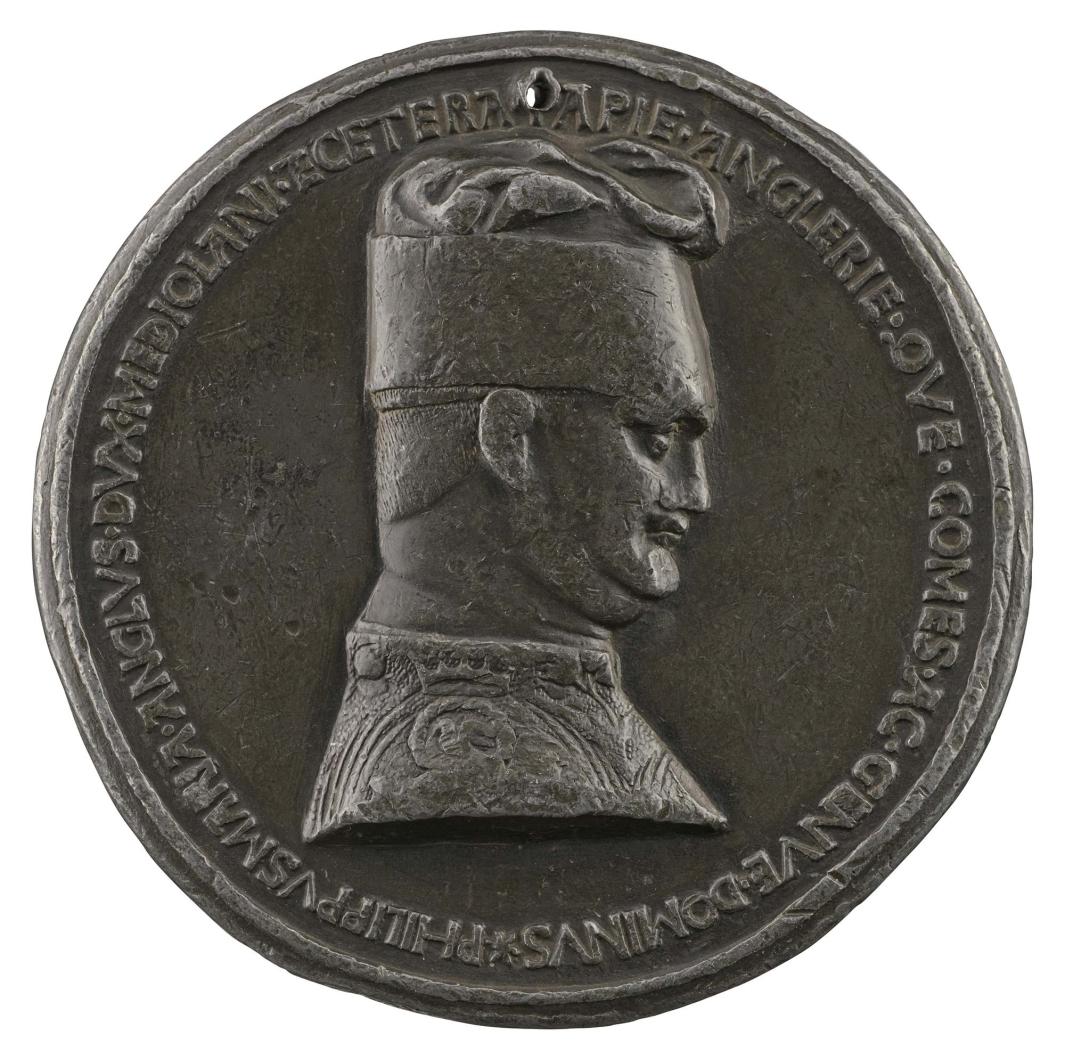 Lead portrait medal of Filippo Maria Visconti wearing a large hat, with a double-chin, in profile to the right