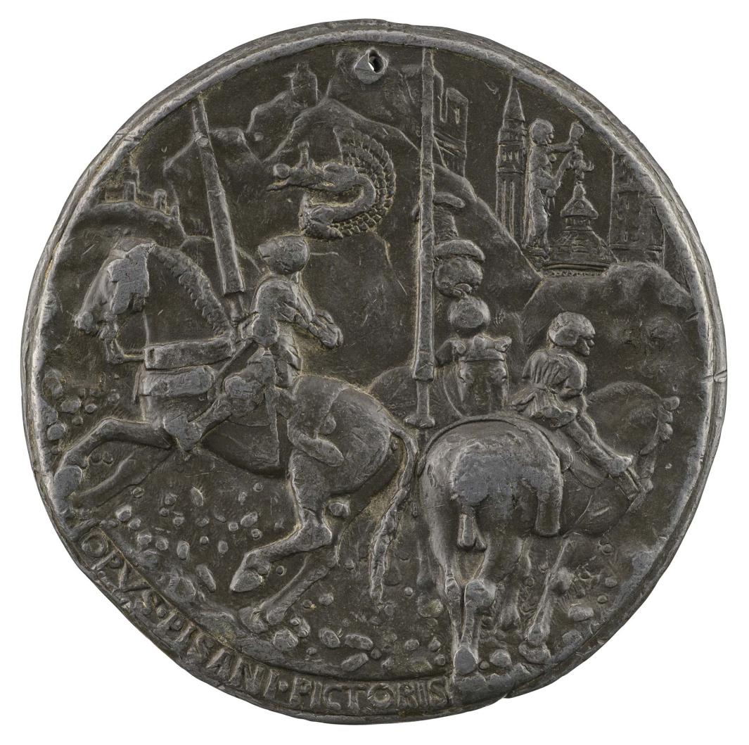 Lead medal of a man in armor on a rearing horse, holding a lance. To the right, a page on a horse faces away from the viewer. Behind these two another figure in armor on horseback holds a large lance. In the background is a rocky landscape in front of a city