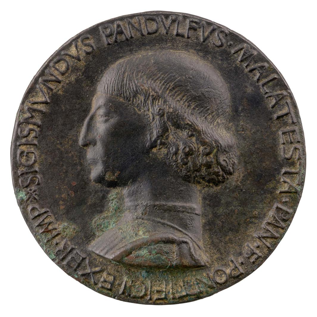 Bronze portrait medal of Isotta degli Atti wearing an elaborate headdress in profile to the right
