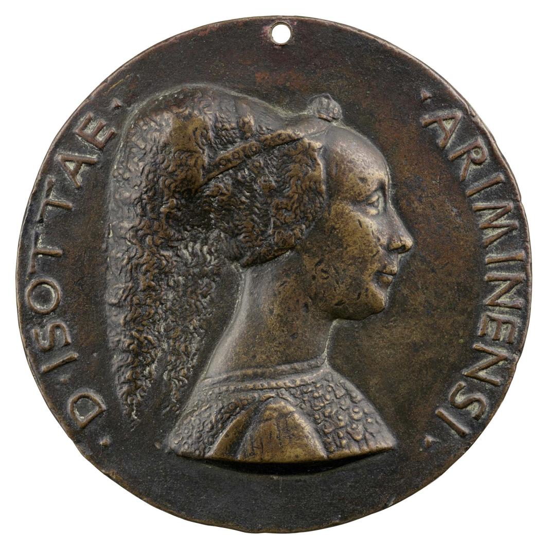 portrait medal of woman in profile wearing drape about pulled air, with words along circumference 