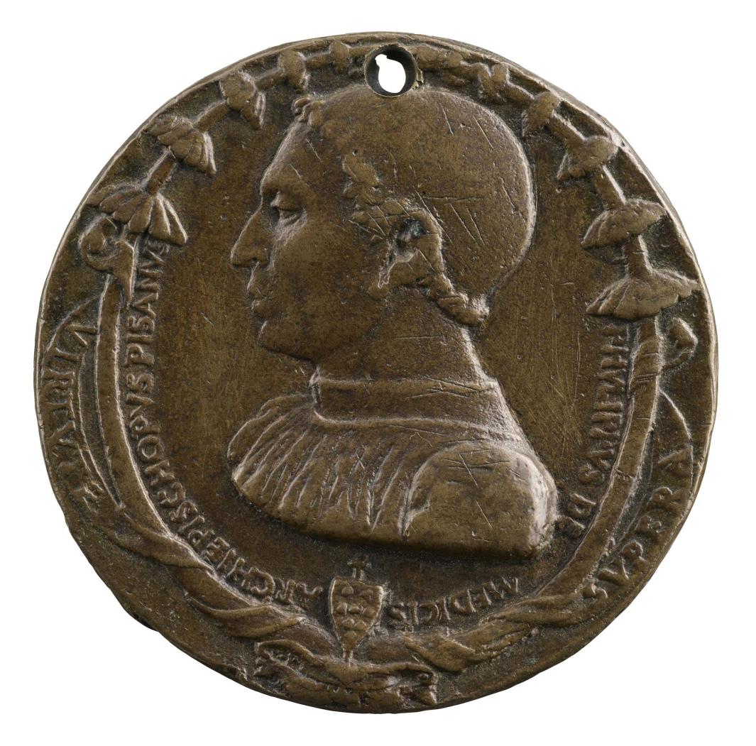 Bronze portrait medal of Filippo de' Medici in profile to the left, surrounded by a ring of flowers and ribbons, above a coat of arms