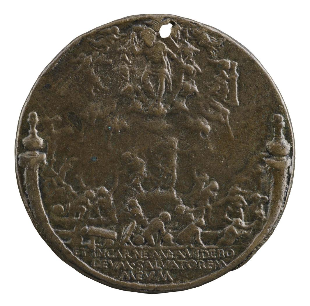 Bronze medal of what appears to be a scene of the Last Judgement with figures rising up out of the earth and heavenly figures above