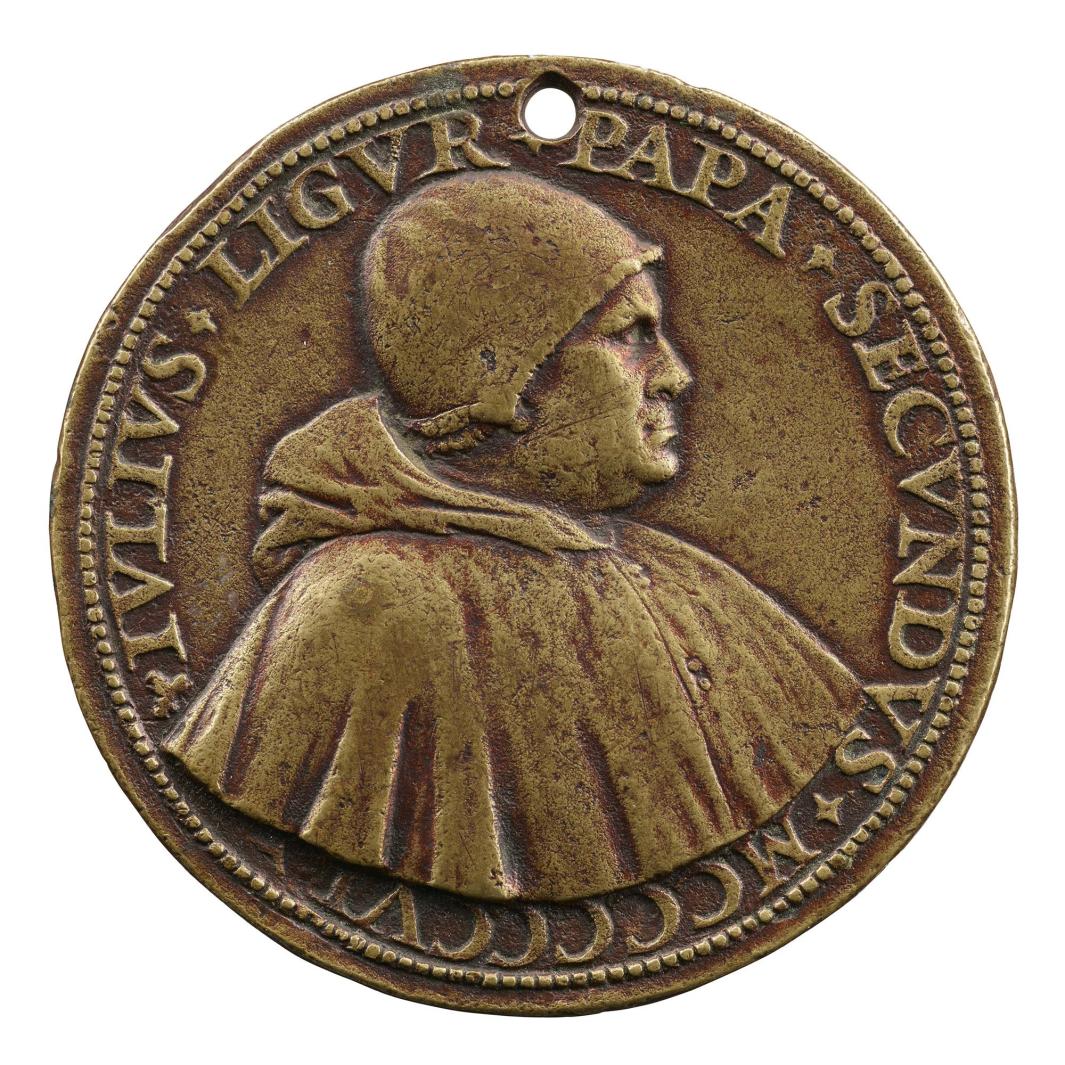 Bronze medal of Giuliano della Rovere, Pope Julius II wearing a round hat and a hooded robe buttoned up the front, in profile to the right