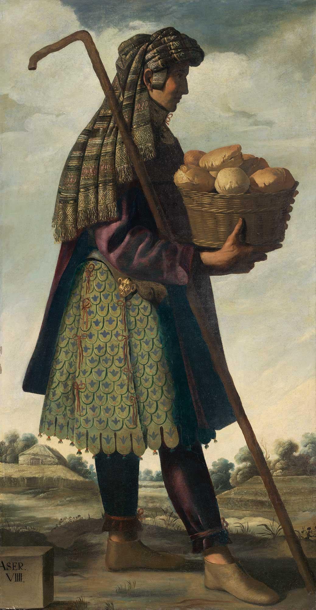 oil painting depicting man holding basket of bread, with large staff