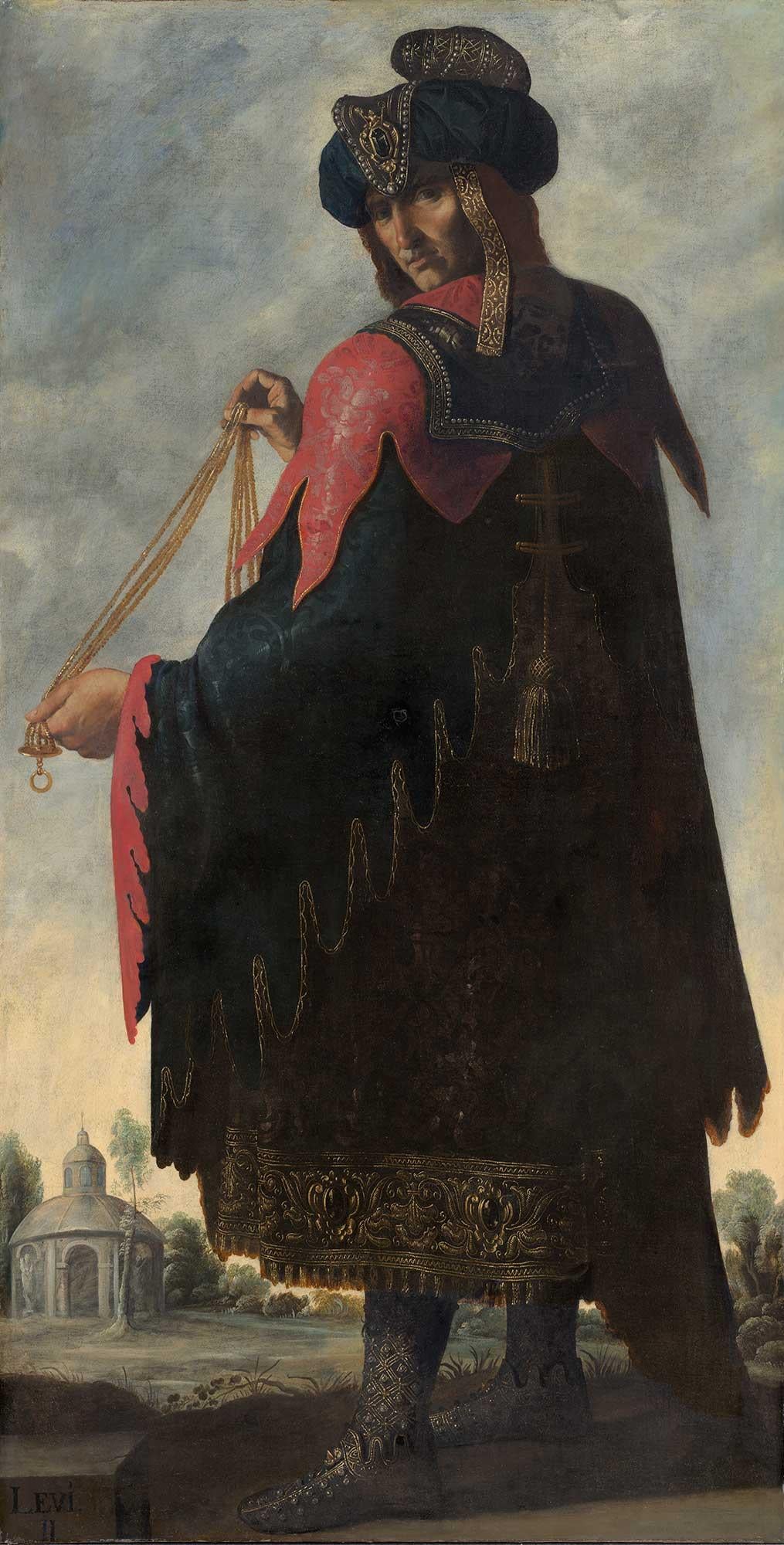 oil canvas depicting man in ornate cape and holding out gold chain