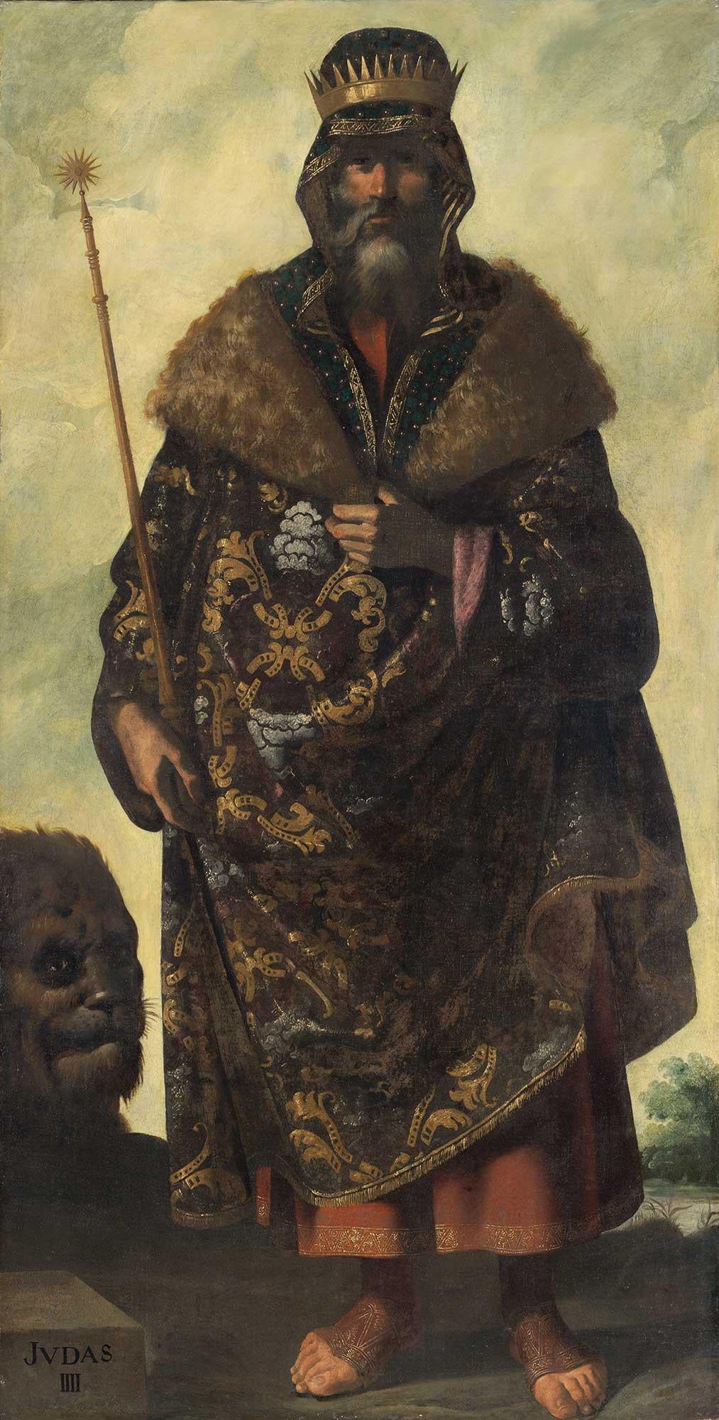 oil painting of man with crown, scepter, and ornate robe, with lion at feet