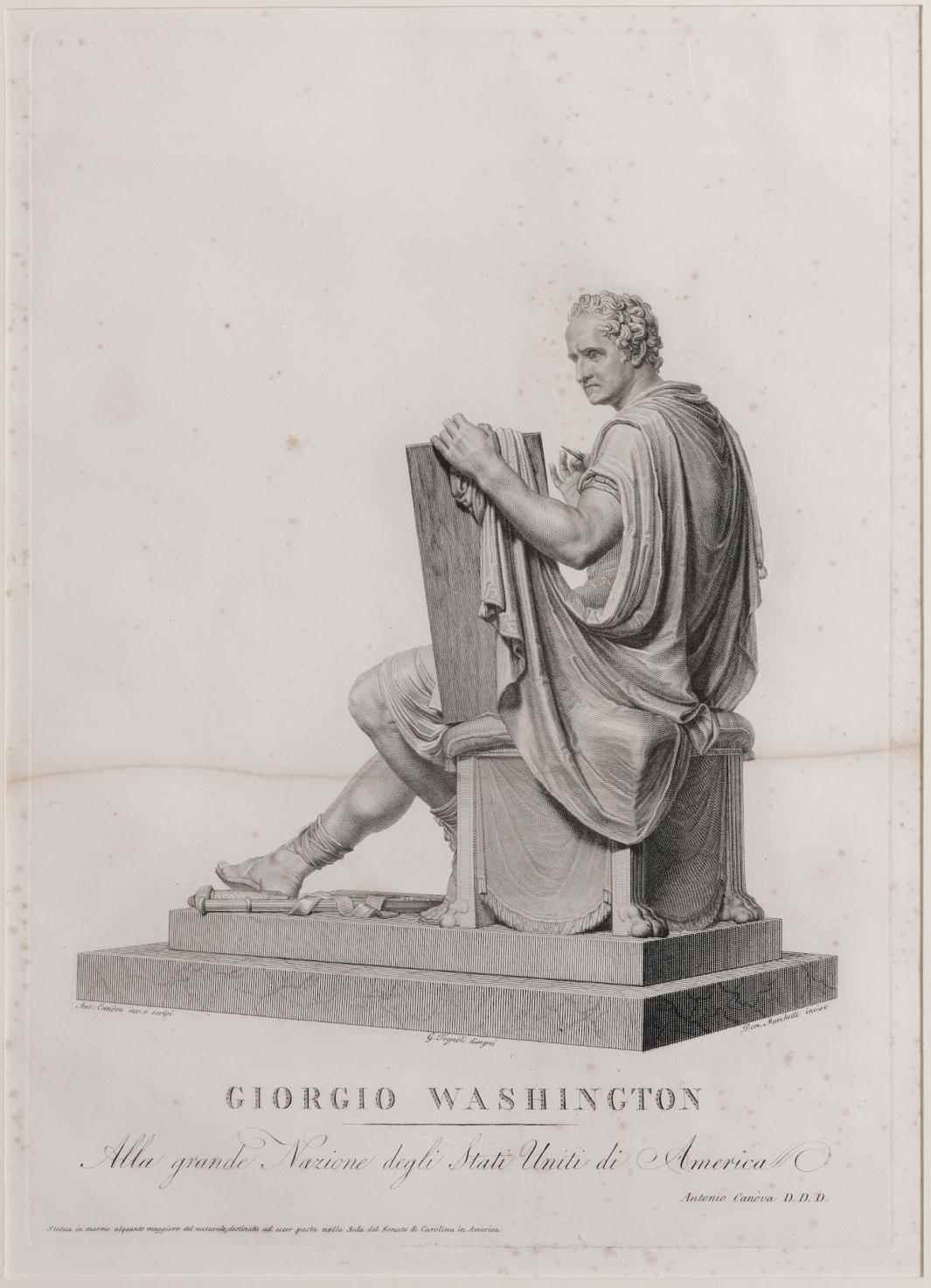 etching and engraving of seated George Washington holding large tablet